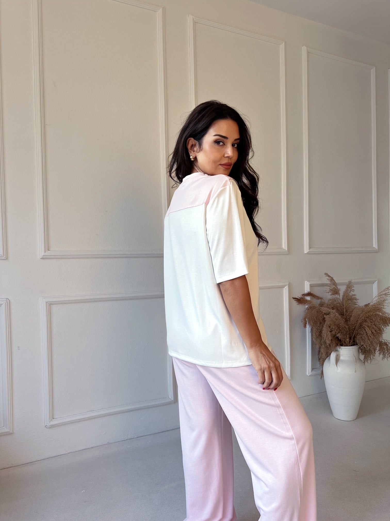 Kendinden Fular Detaylı Tişört Pantolon Takım - Pembe