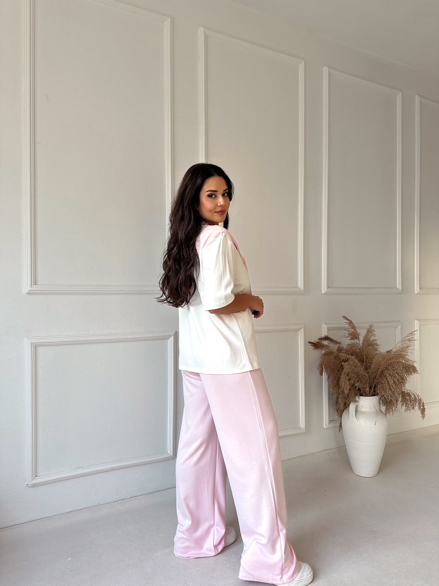Kendinden Fular Detaylı Tişört Pantolon Takım - Pembe