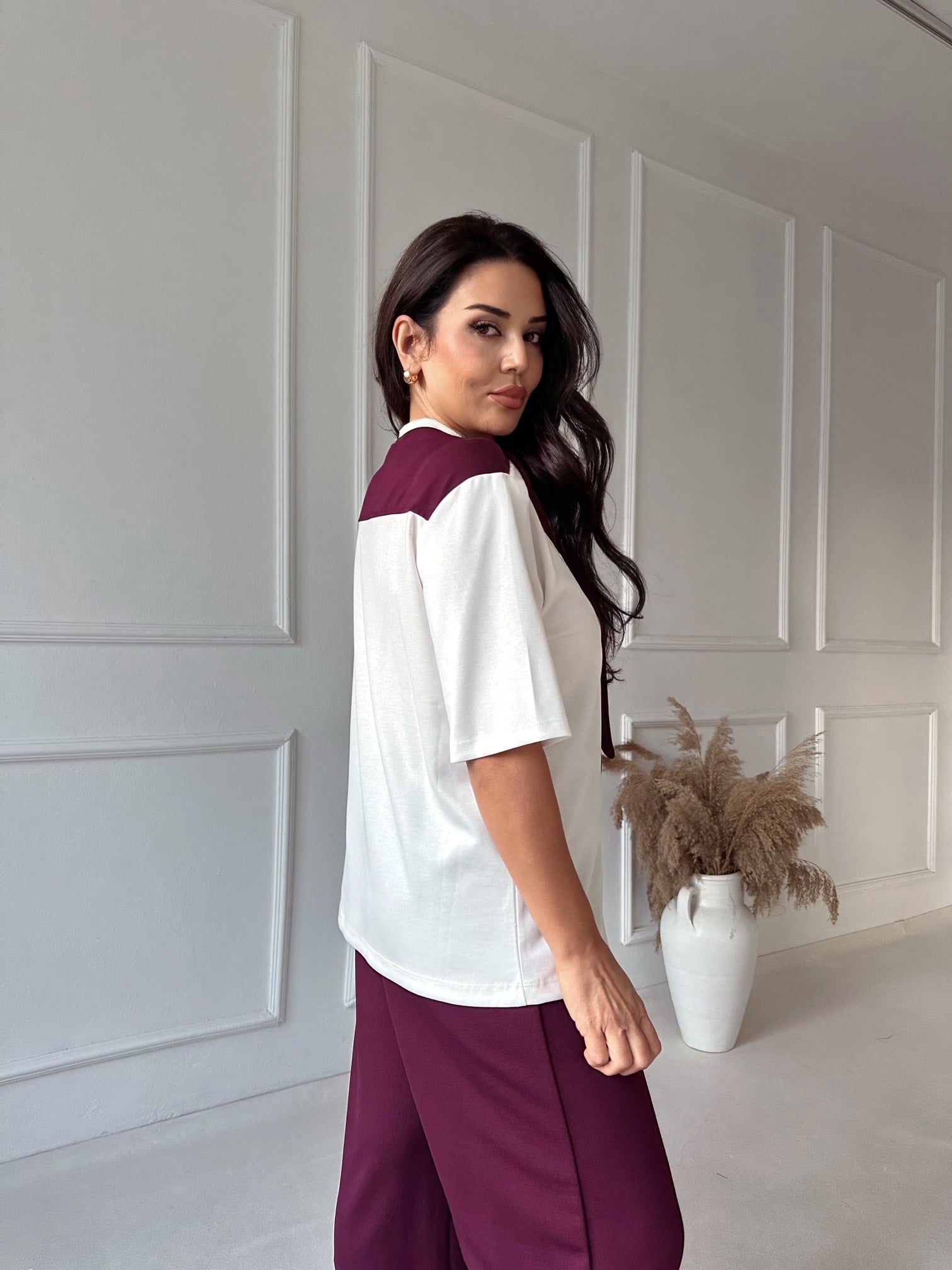 Kendinden Fular Detaylı Tişört Pantolon Takım - Bordo