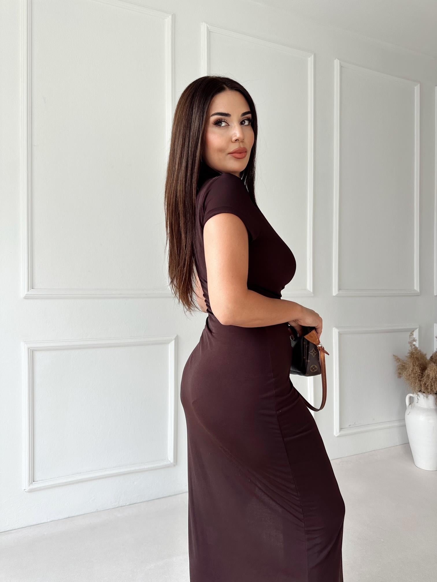 Khlea Agraflı Tasarım Maksi Elbise - Kahve
