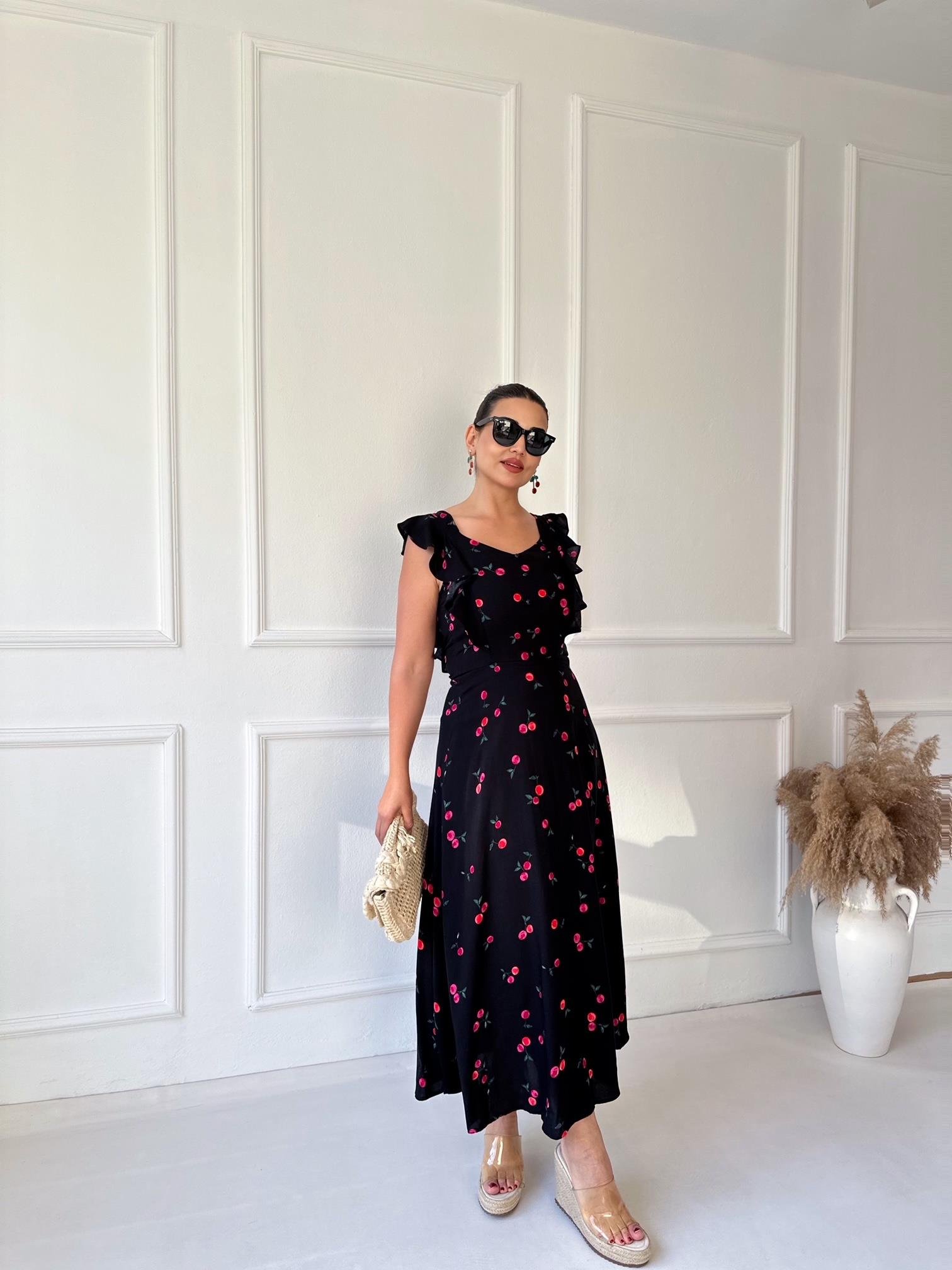 Kiraz Desenli Maksi Elbise