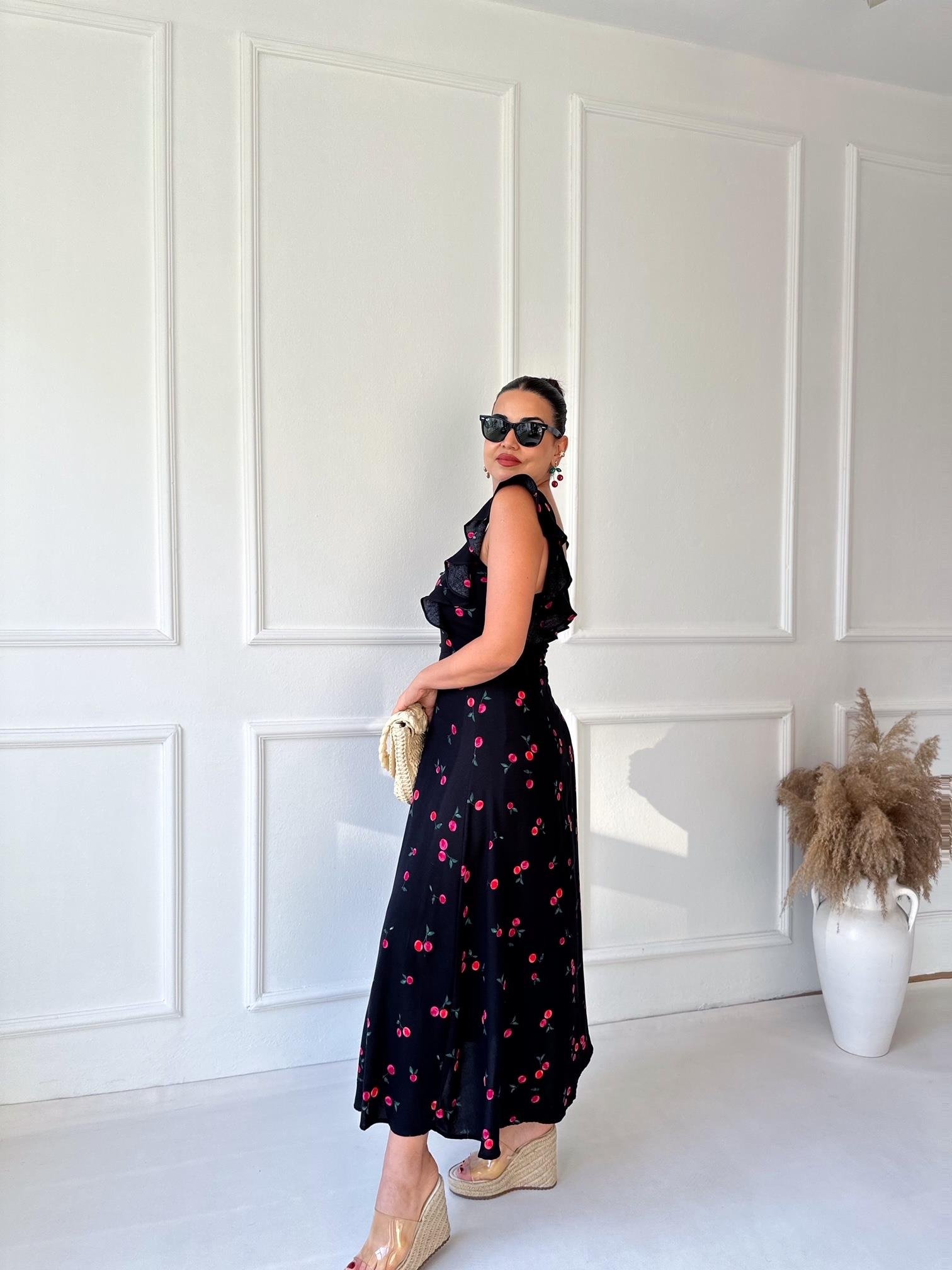 Kiraz Desenli Maksi Elbise