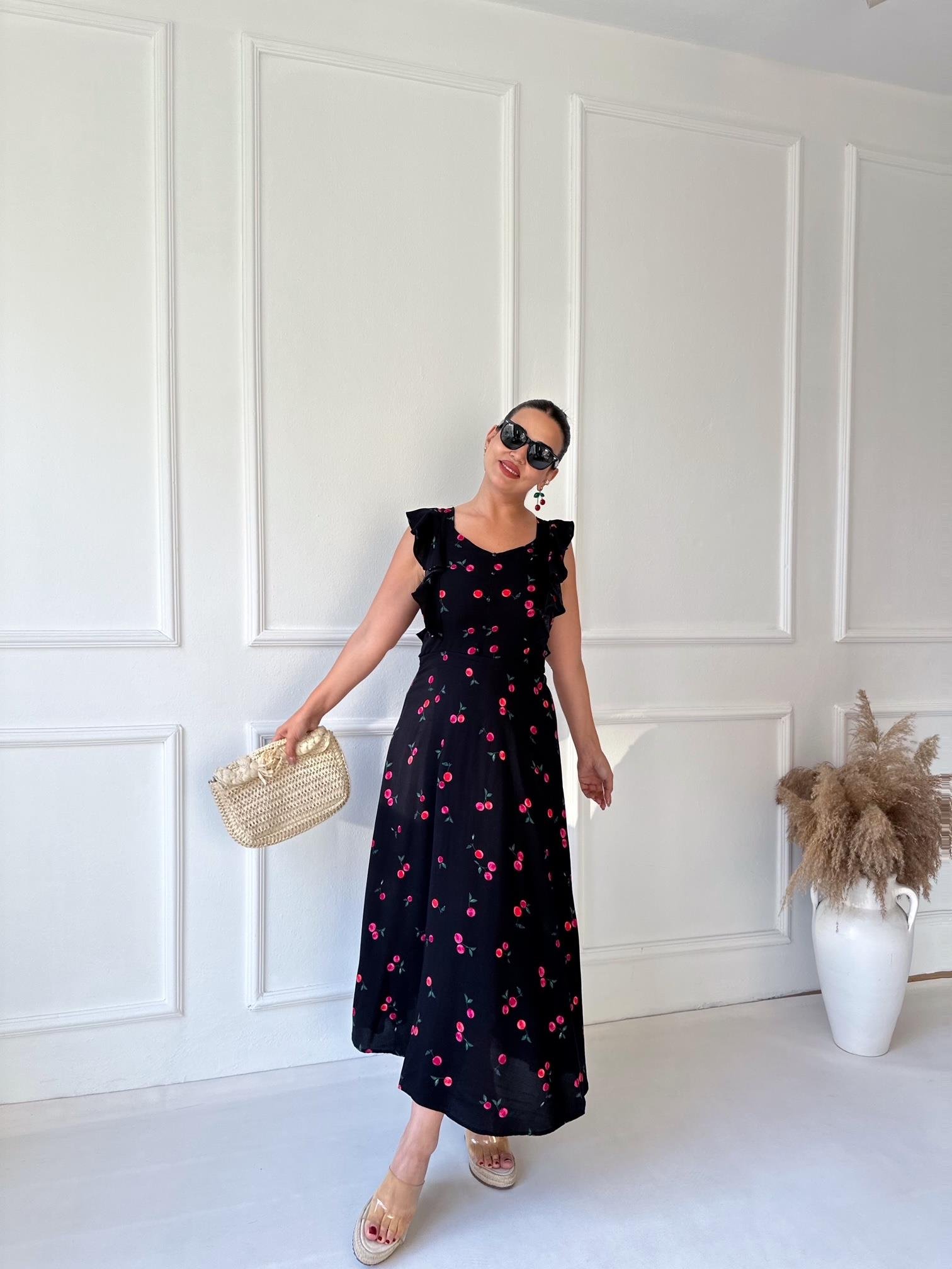 Kiraz Desenli Maksi Elbise