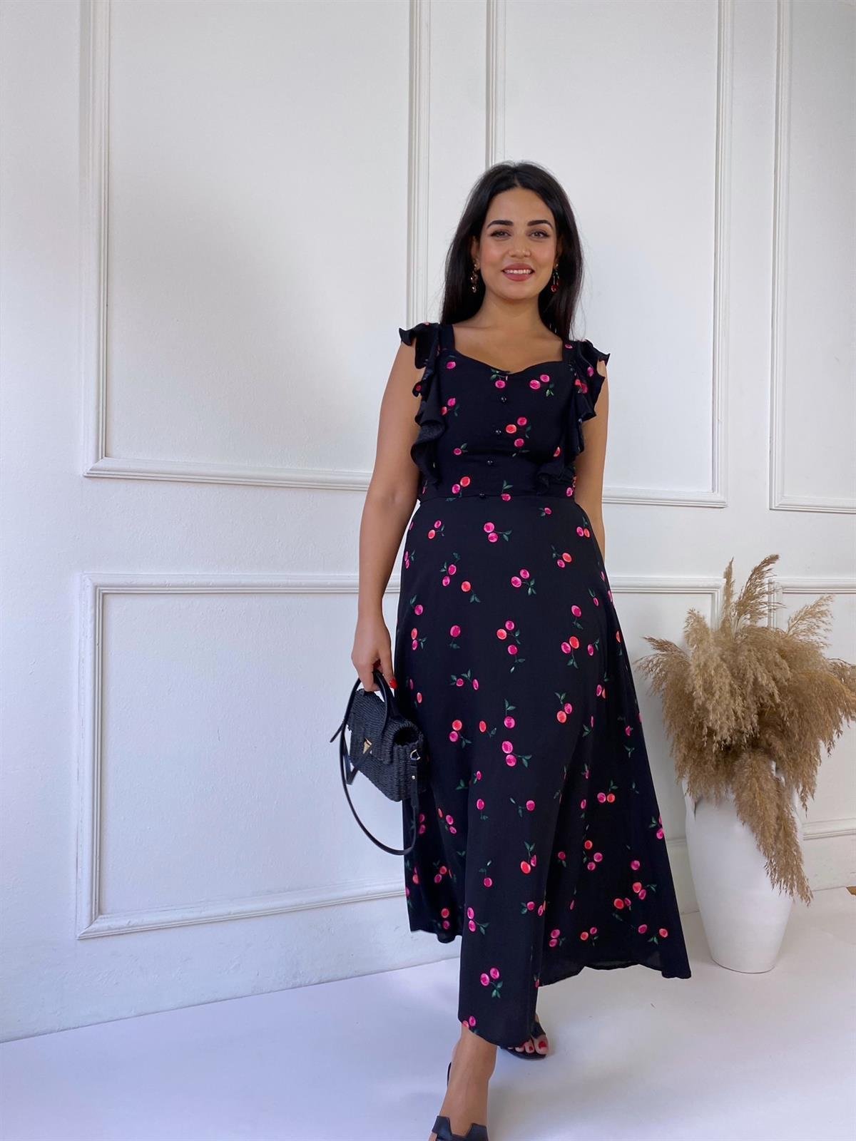 Kiraz Desenli Maksi Elbise