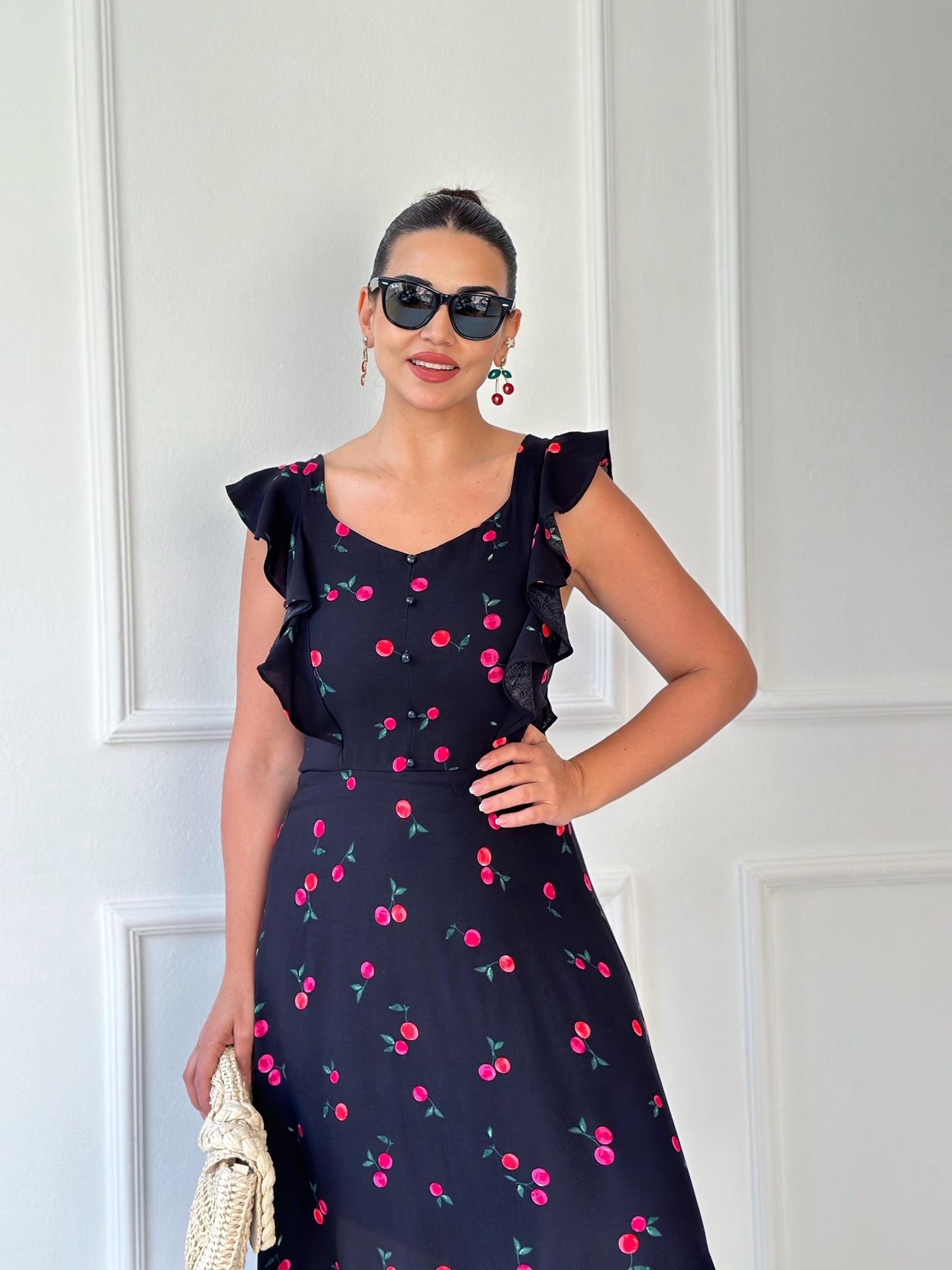 Kiraz Desenli Maksi Elbise