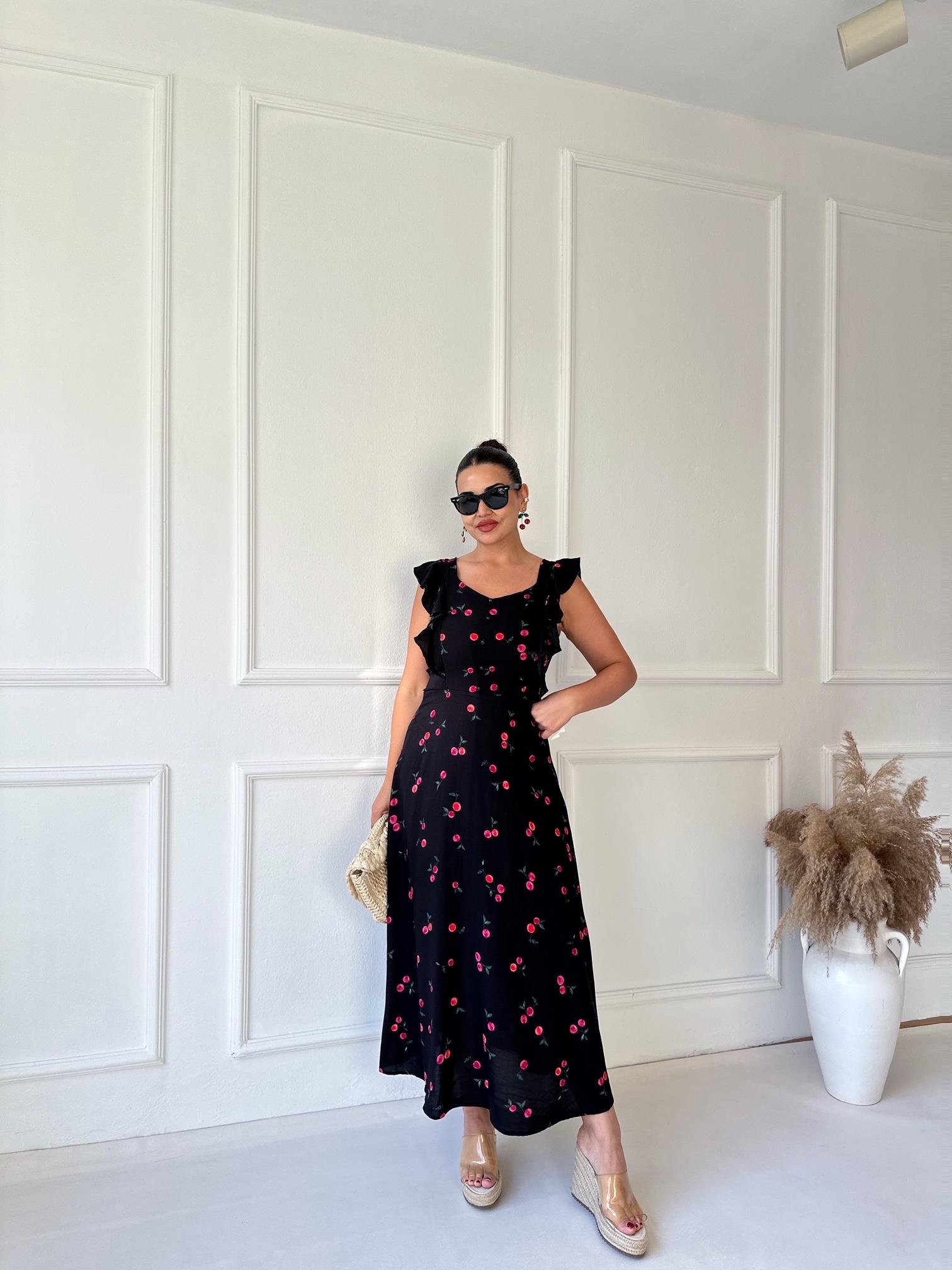 Kiraz Desenli Maksi Elbise