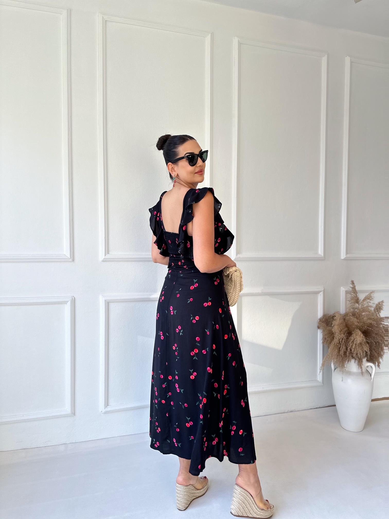 Kiraz Desenli Maksi Elbise