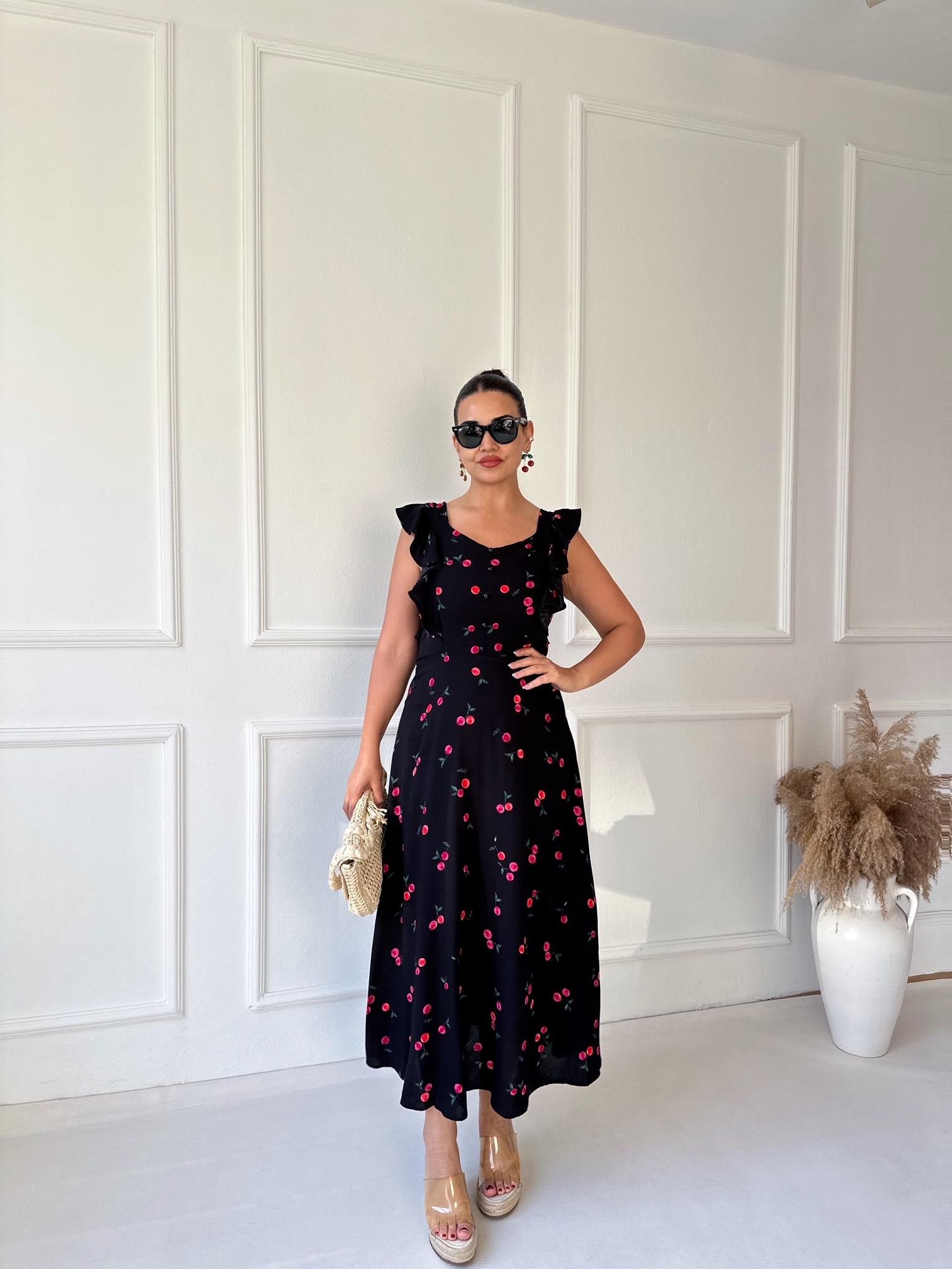 Kiraz Desenli Maksi Elbise