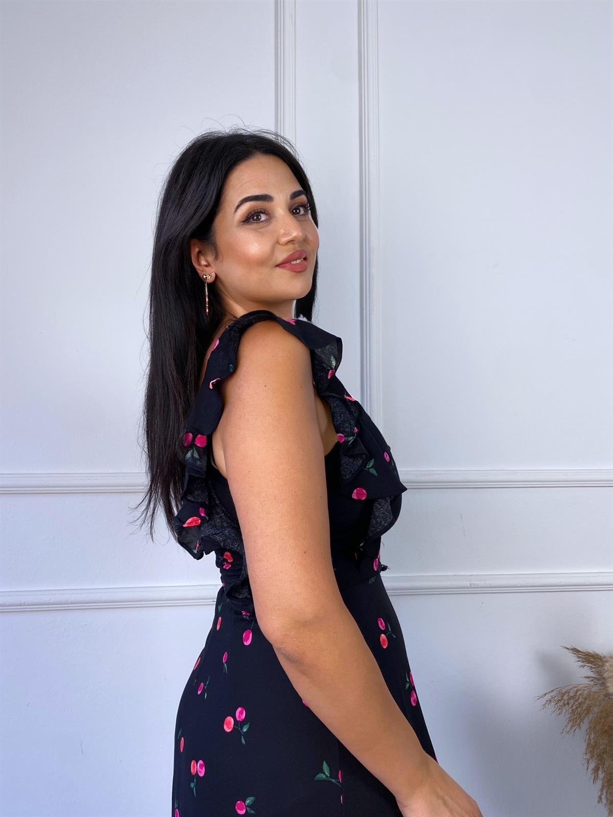 Kiraz Desenli Maksi Elbise