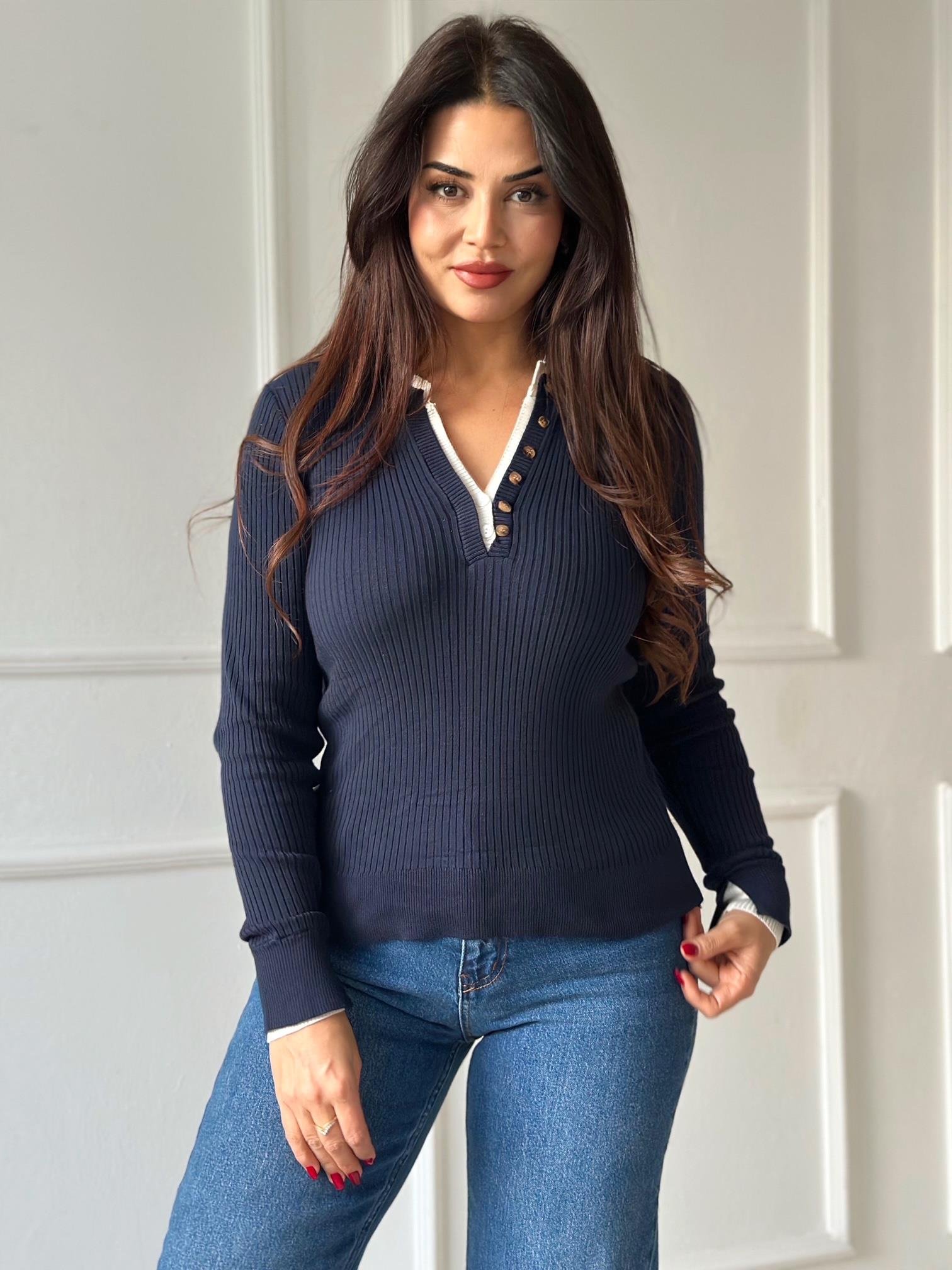 Kontrast Yaka Düğmeli Fitilli Triko Bluz - Lacivert