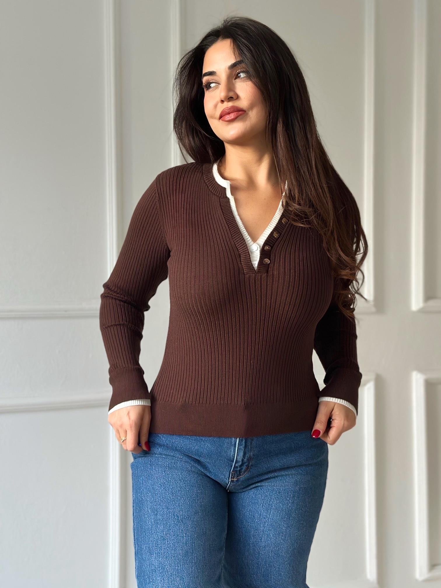 Kontrast Yaka Düğmeli Fitilli Triko Bluz - Kahverengi