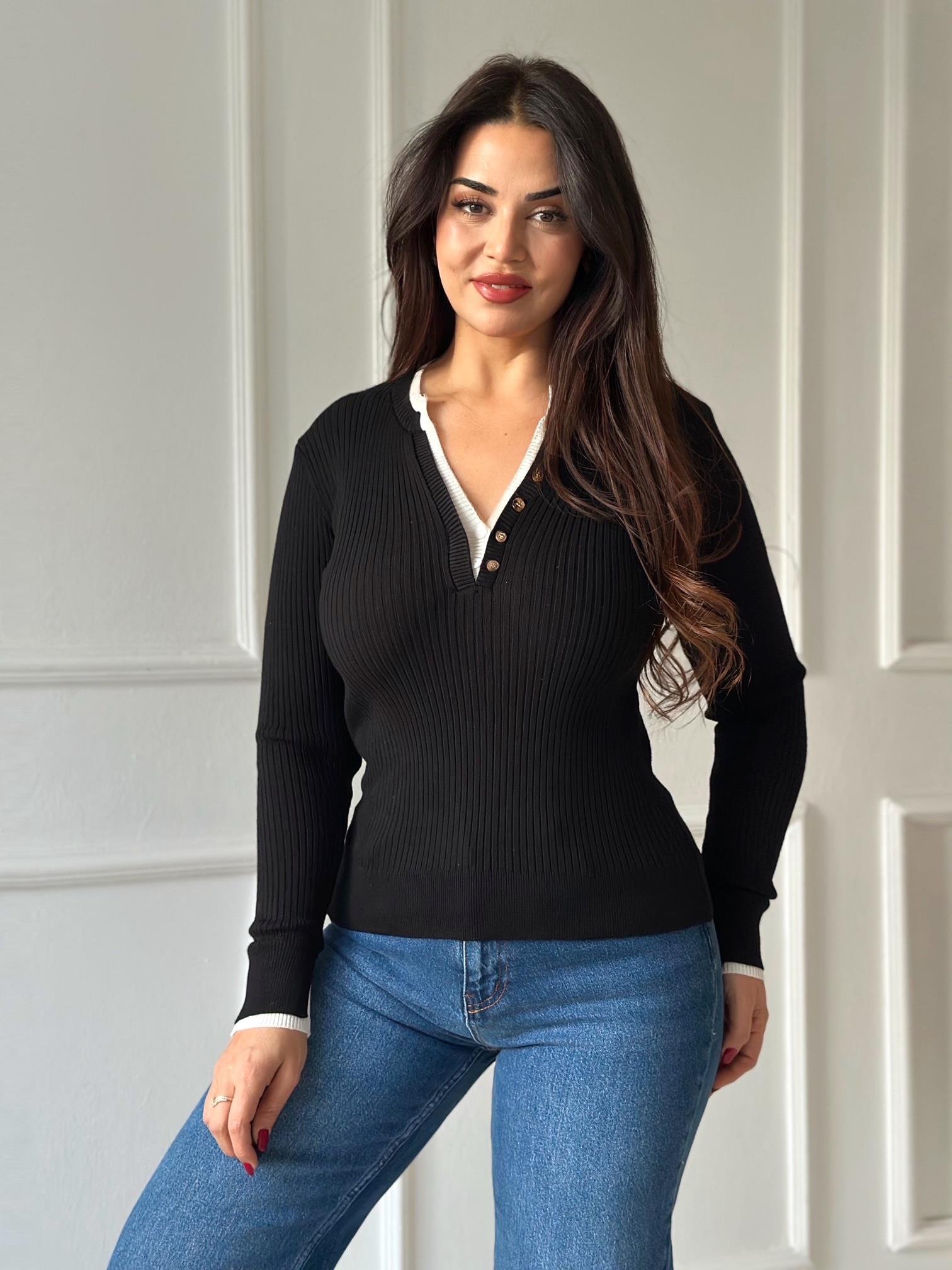 Kontrast Yaka Düğmeli Fitilli Triko Bluz - Siyah