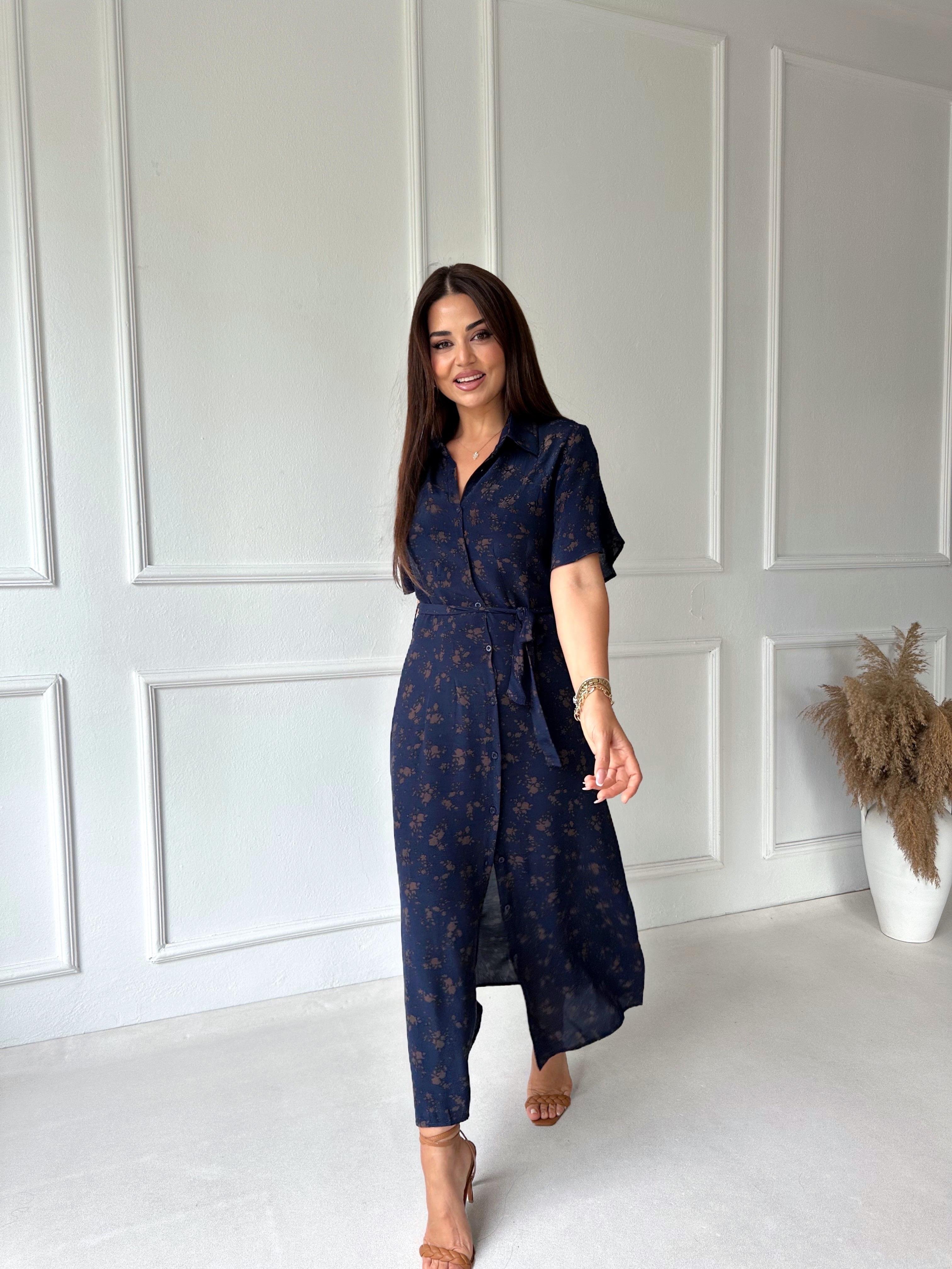 Lacivert Çiçek Desenli Gömlek Elbise