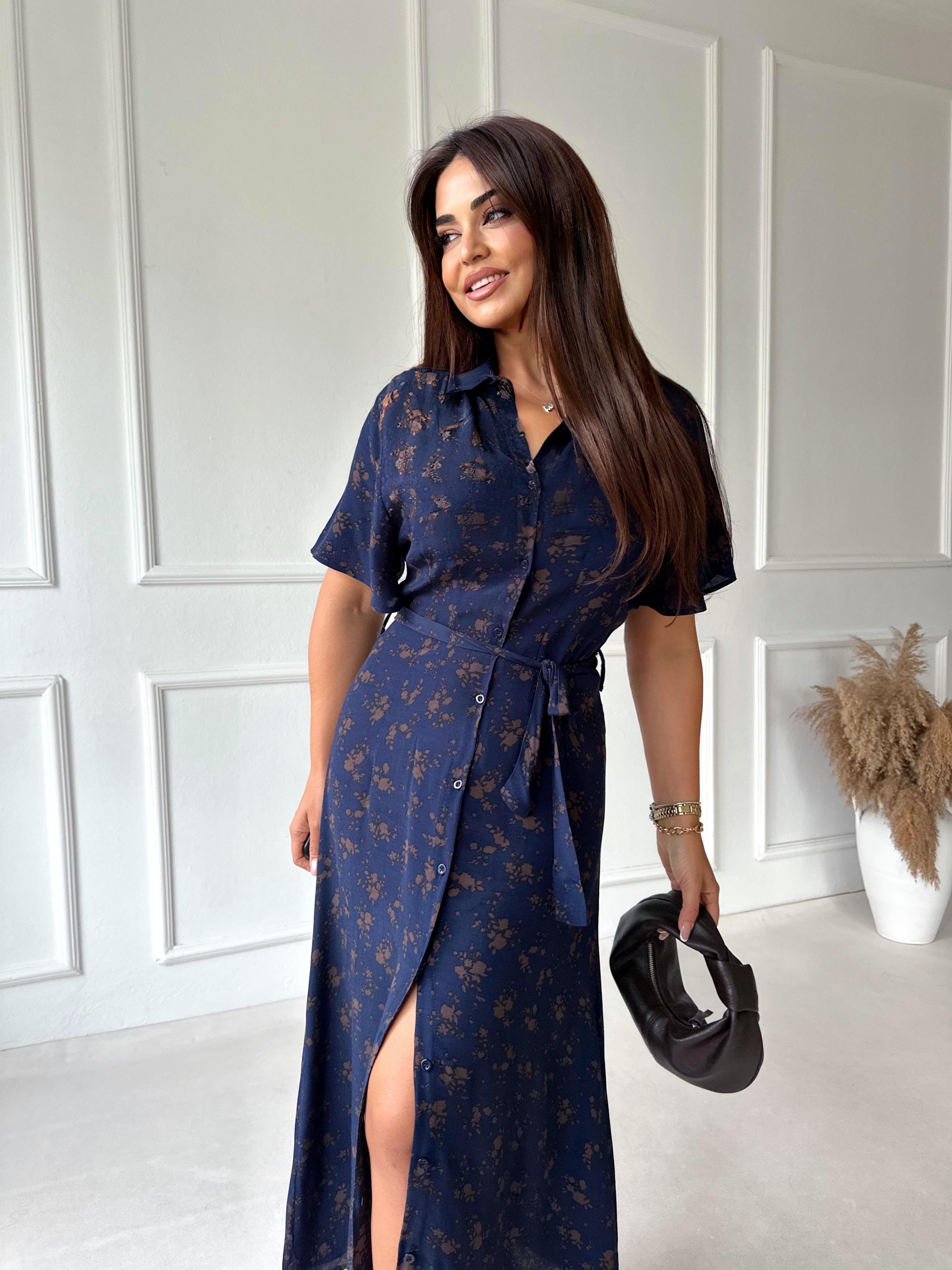 Lacivert Çiçek Desenli Gömlek Elbise