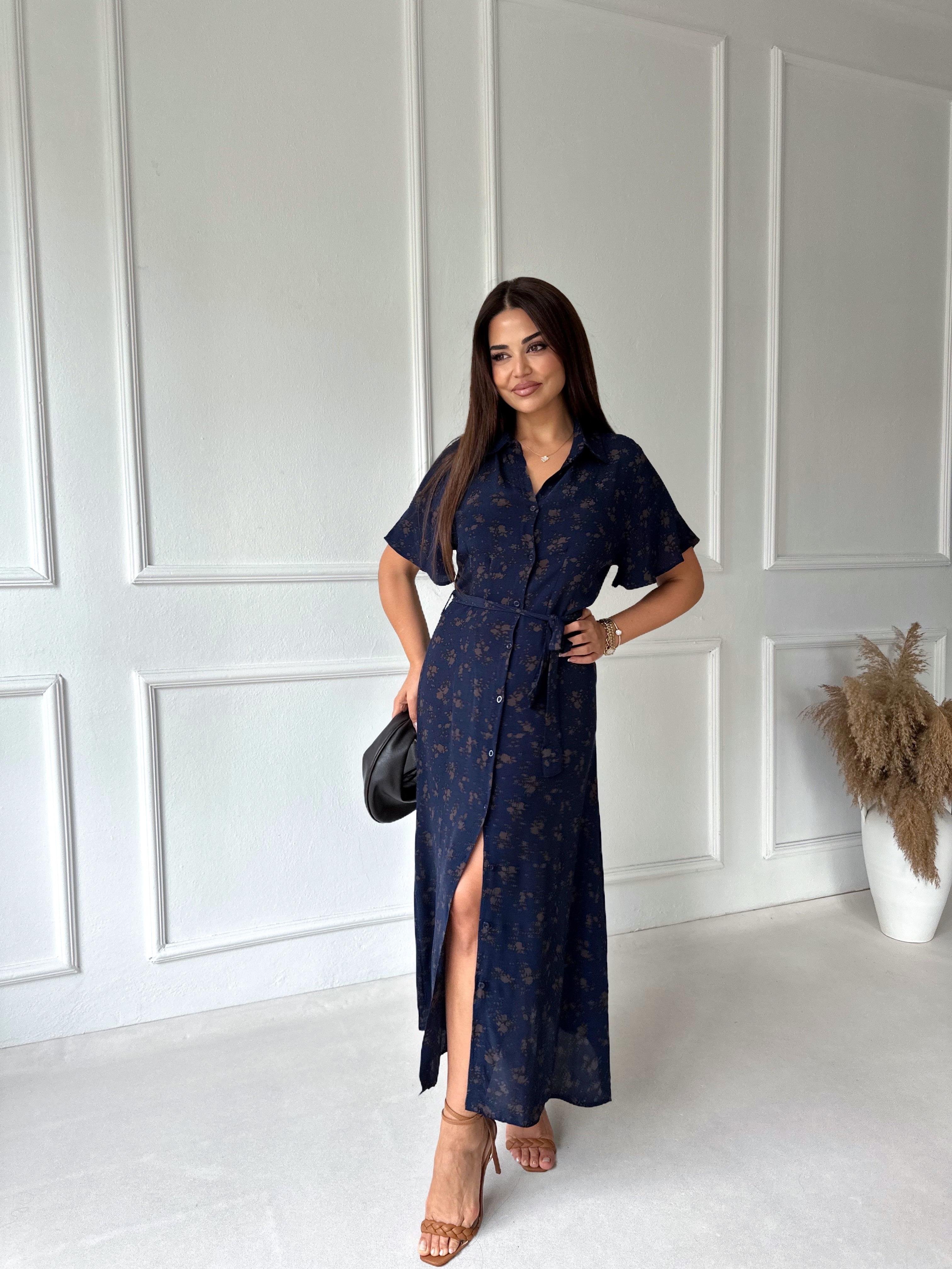 Lacivert Çiçek Desenli Gömlek Elbise