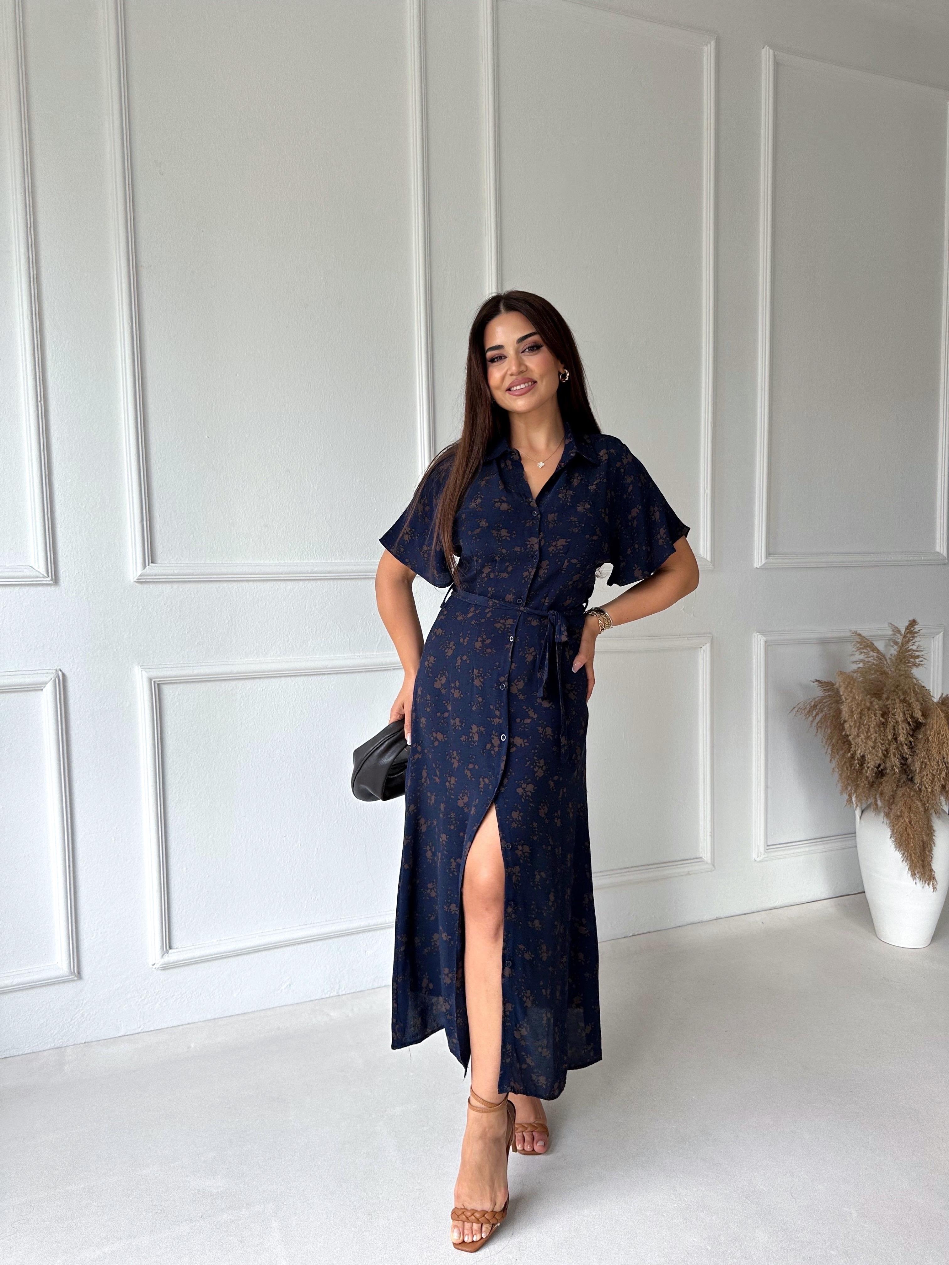 Lacivert Çiçek Desenli Gömlek Elbise