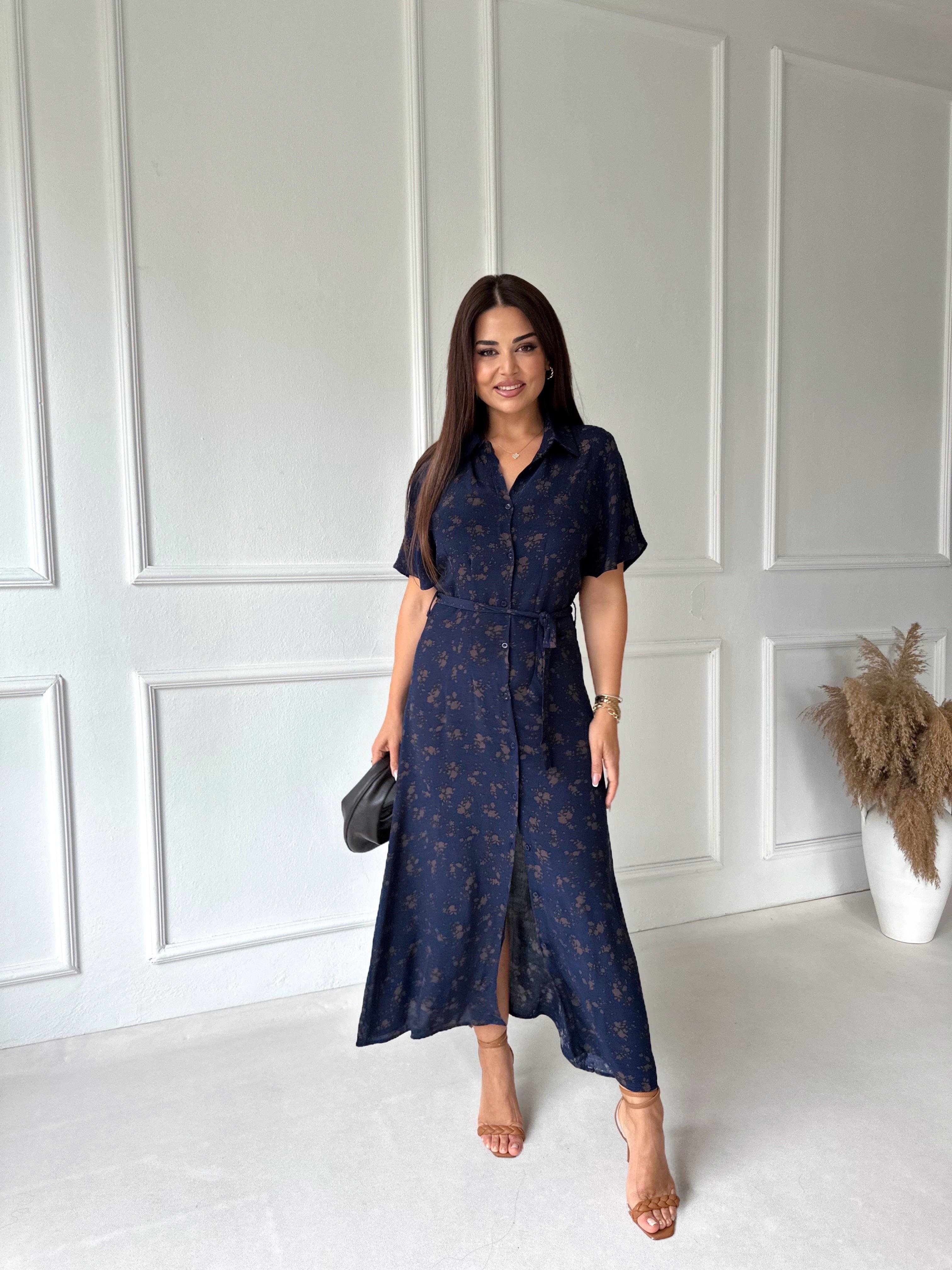 Lacivert Çiçek Desenli Gömlek Elbise