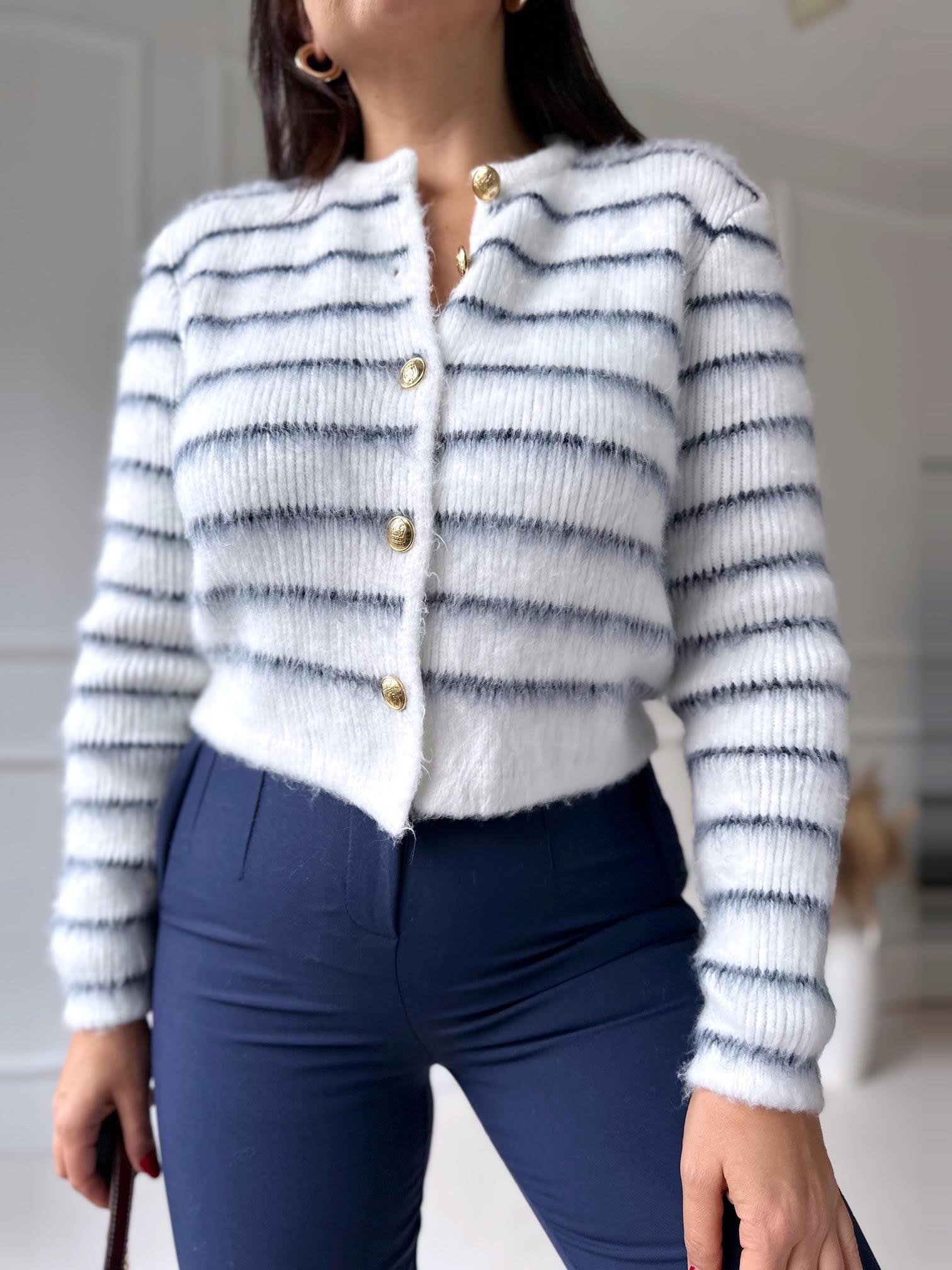 Lacivert Çizgili Şardonlu Hırka