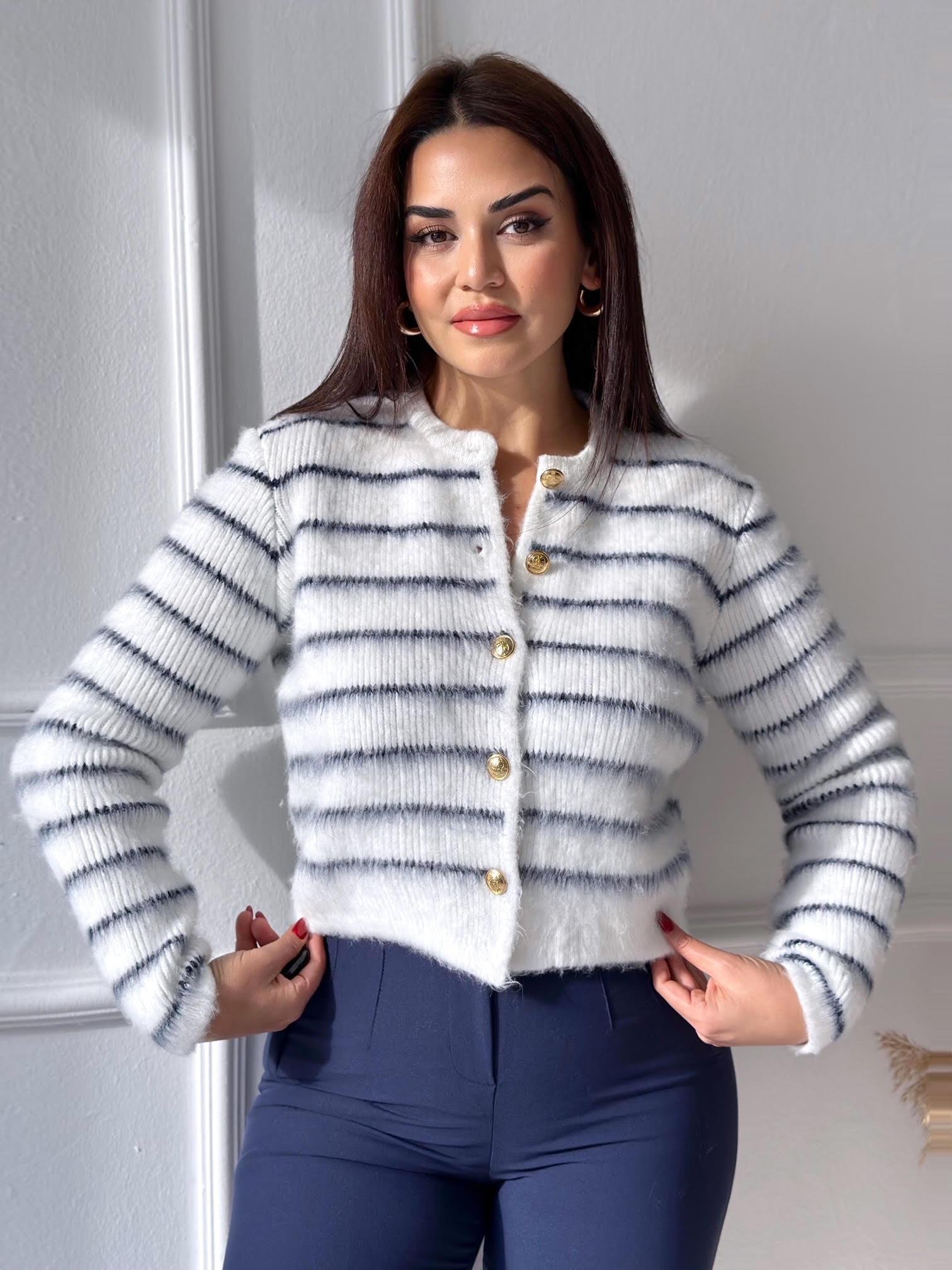 Lacivert Çizgili Şardonlu Hırka