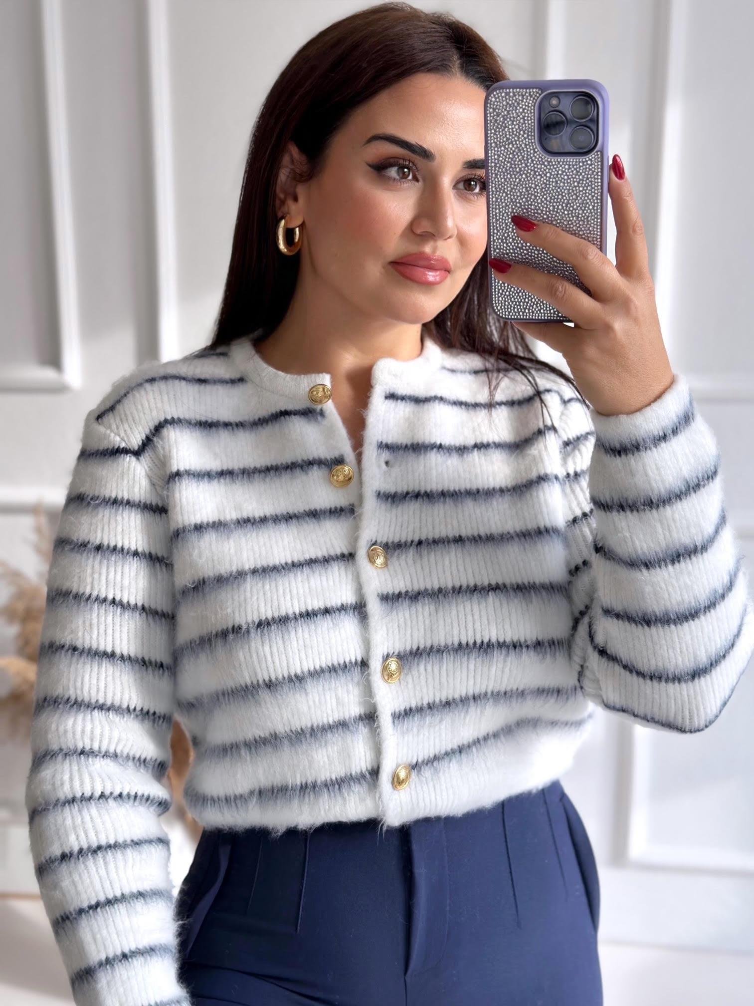 Lacivert Çizgili Şardonlu Hırka