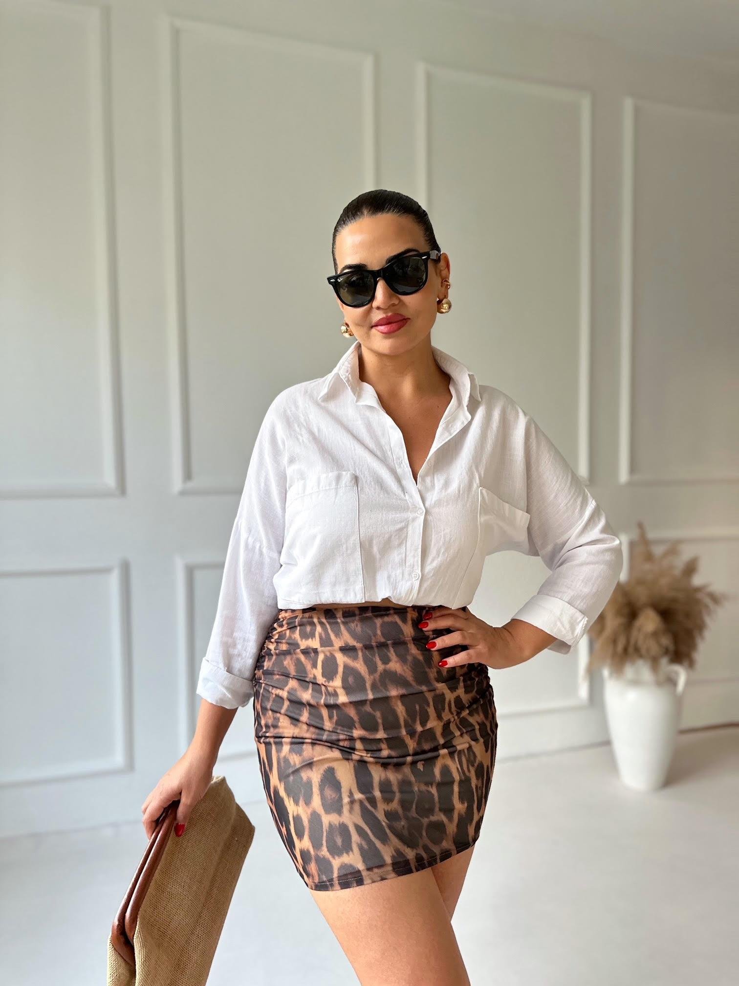 Leopar Desenli Drapeli Mini Etek