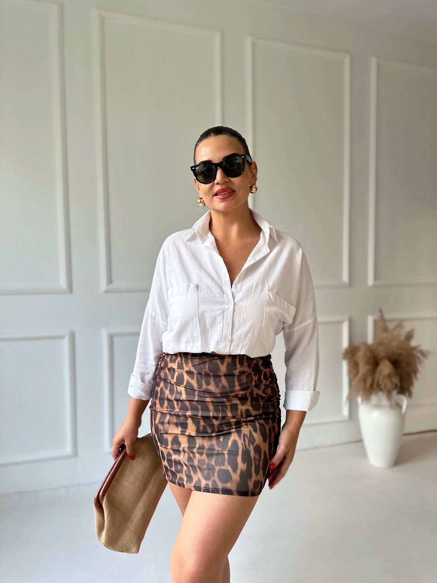 Leopar Desenli Drapeli Mini Etek