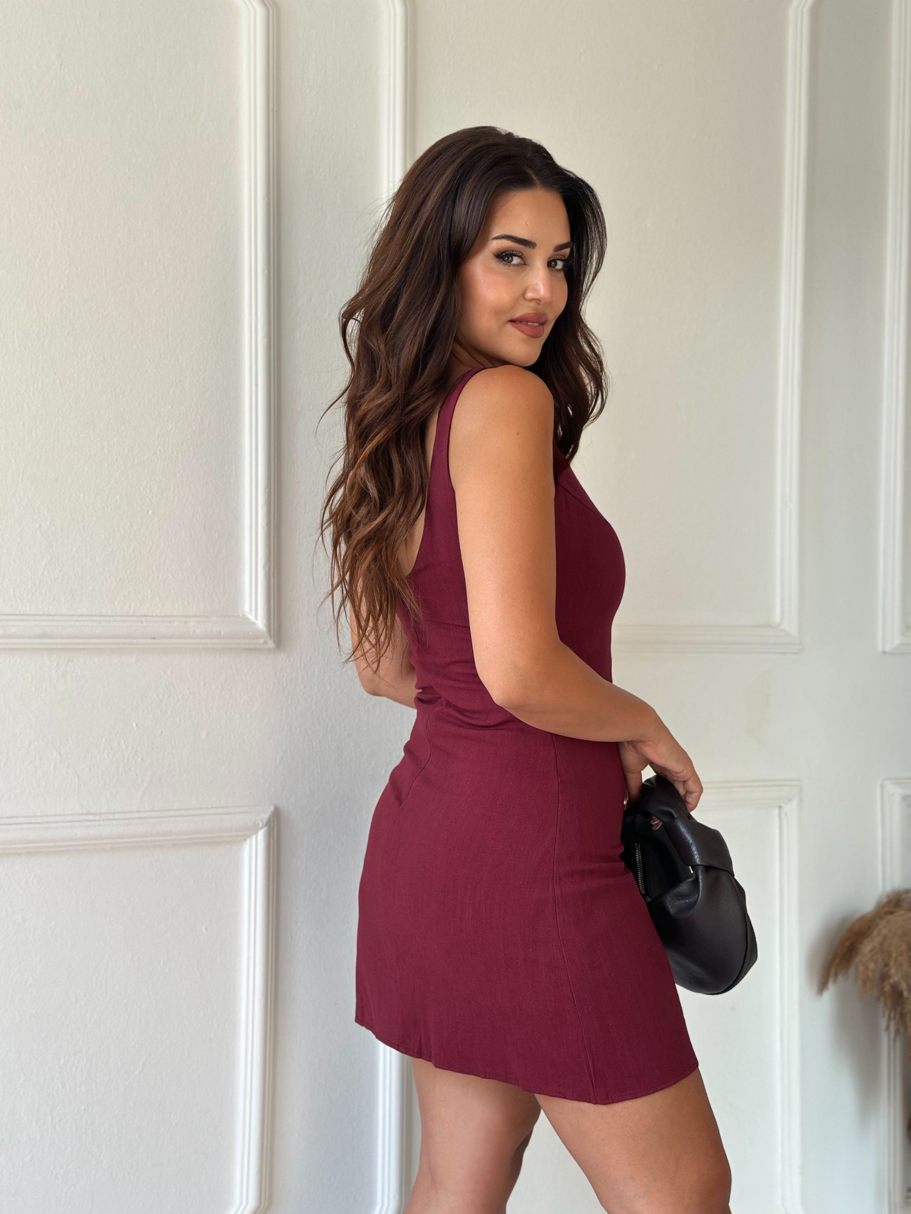 Lina Kayık Yaka Keten Mini Elbise - Bordo