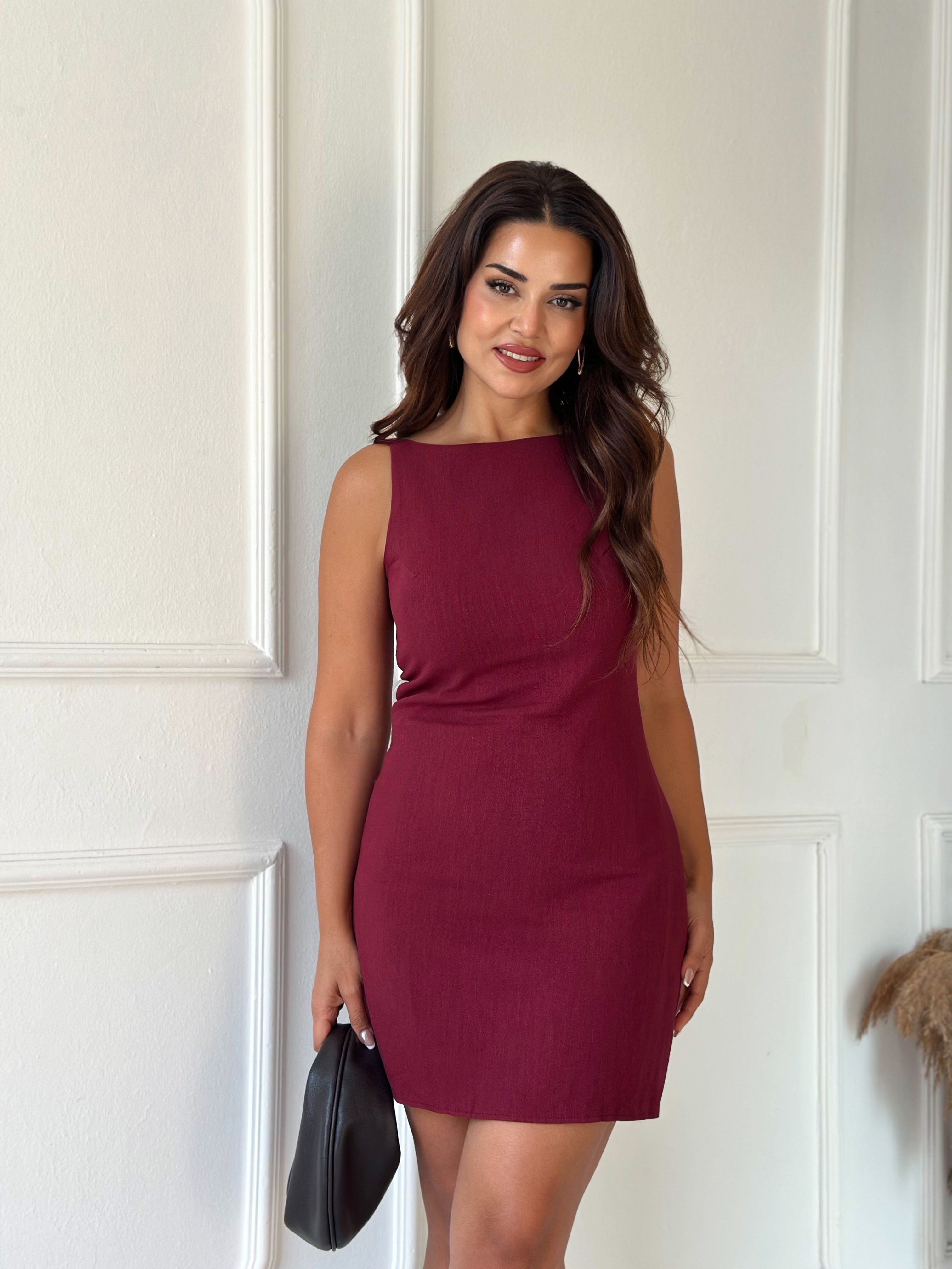 Lina Kayık Yaka Keten Mini Elbise - Bordo