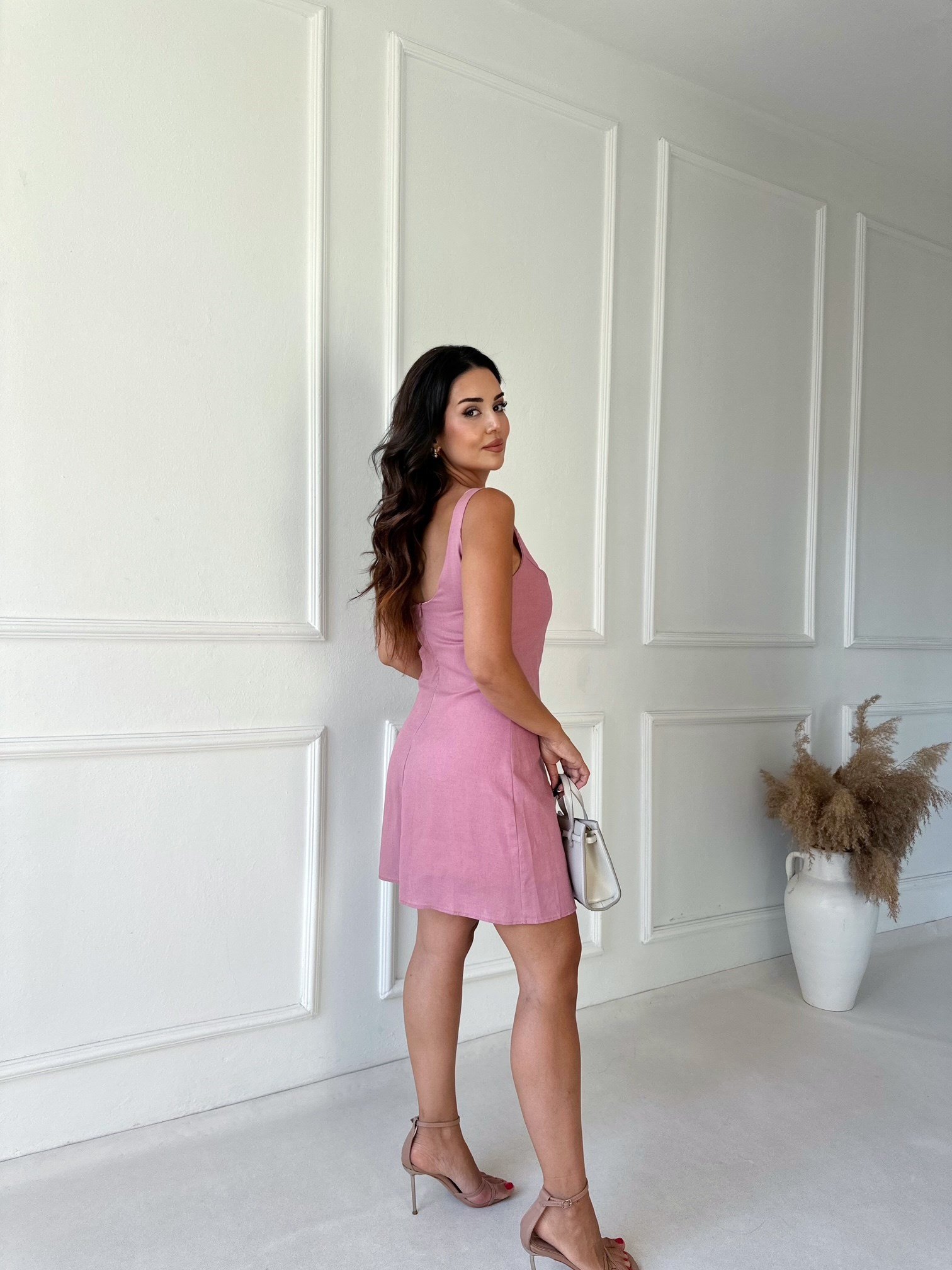 Lina Kayık Yaka Keten Mini Elbise - Gül Kurusu
