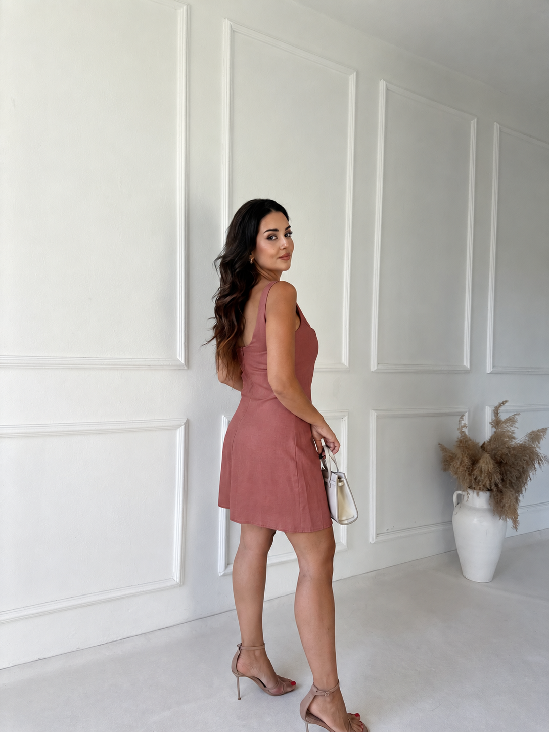 Lina Kayık Yaka Keten Mini Elbise - Gül Kurusu
