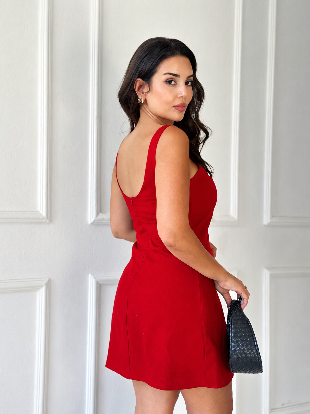 Lina Kayık Yaka Keten Mini Elbise - Kırmızı