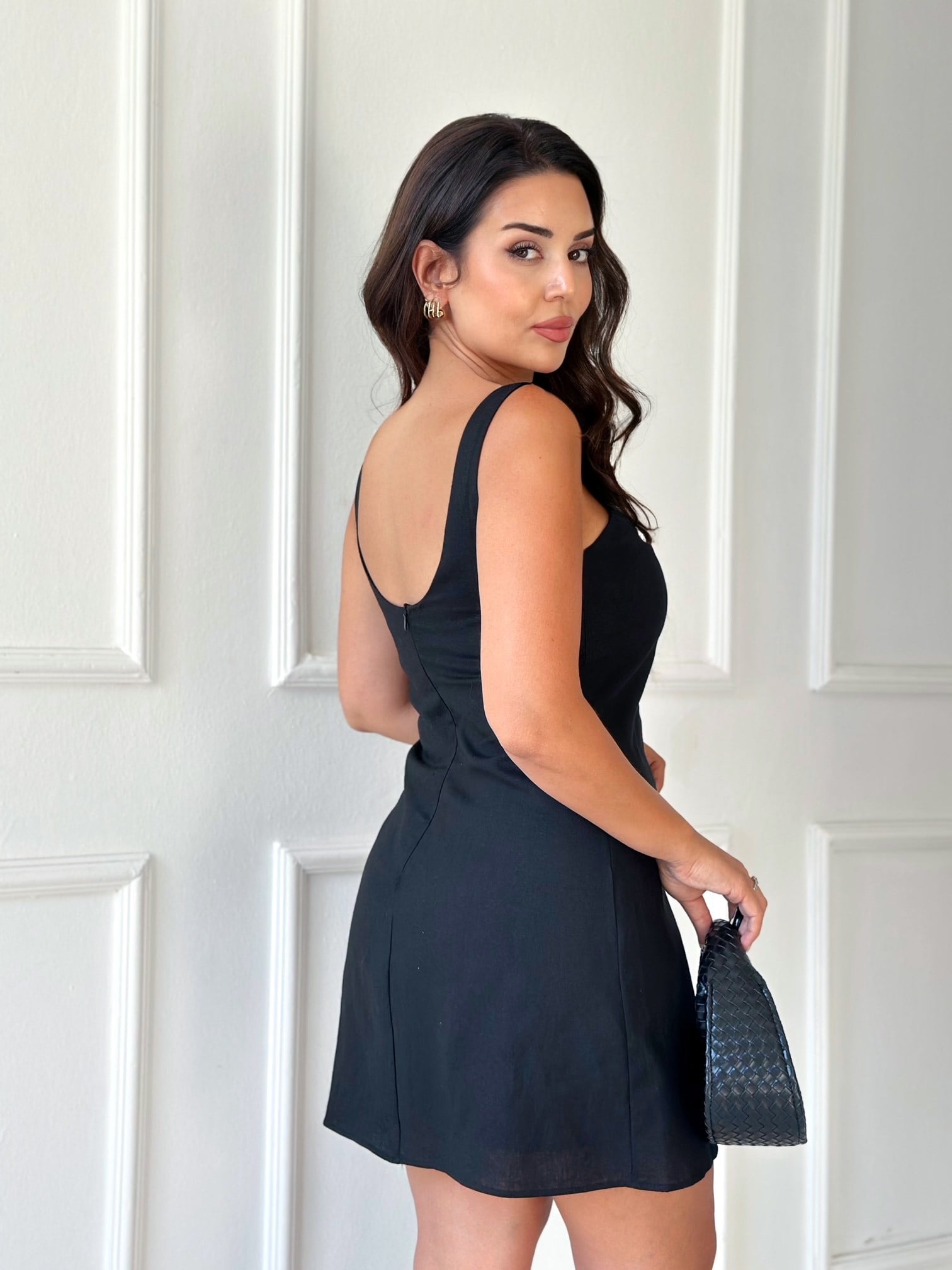 Lina Kayık Yaka Keten Mini Elbise - Siyah