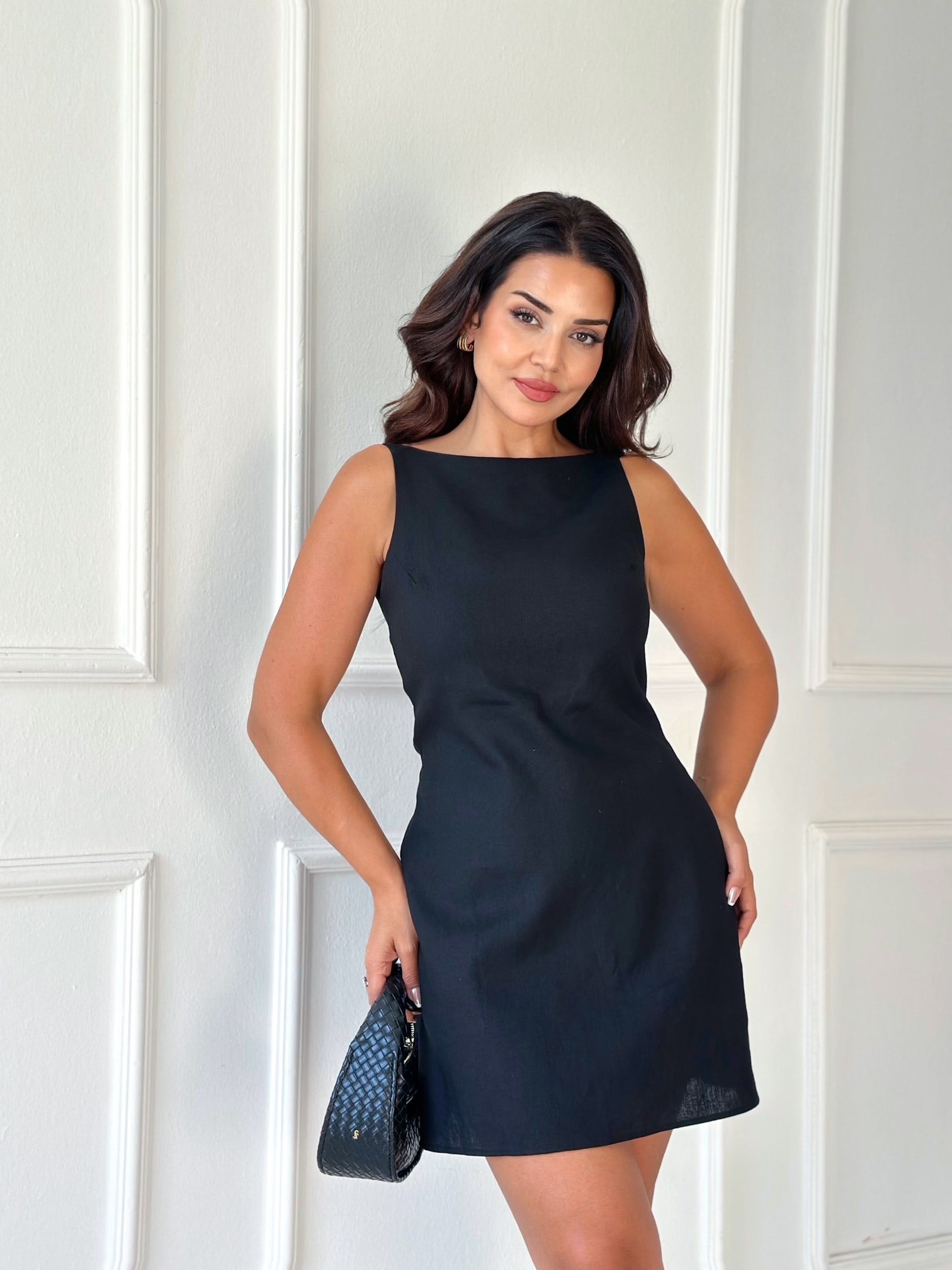 Lina Kayık Yaka Keten Mini Elbise - Siyah