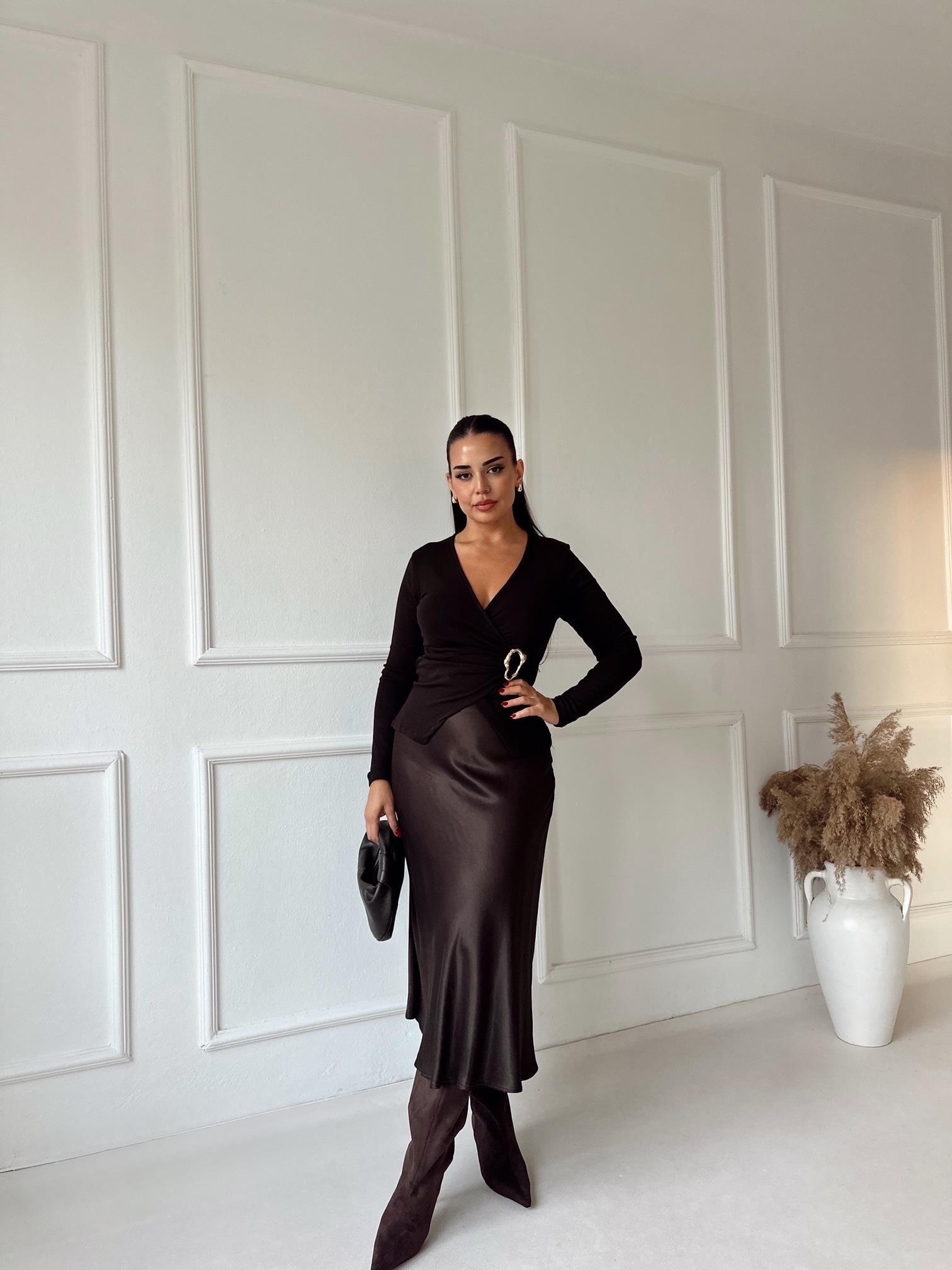 Lüks Kalite Acı Kahve Midi Saten Etek | Nora Butik