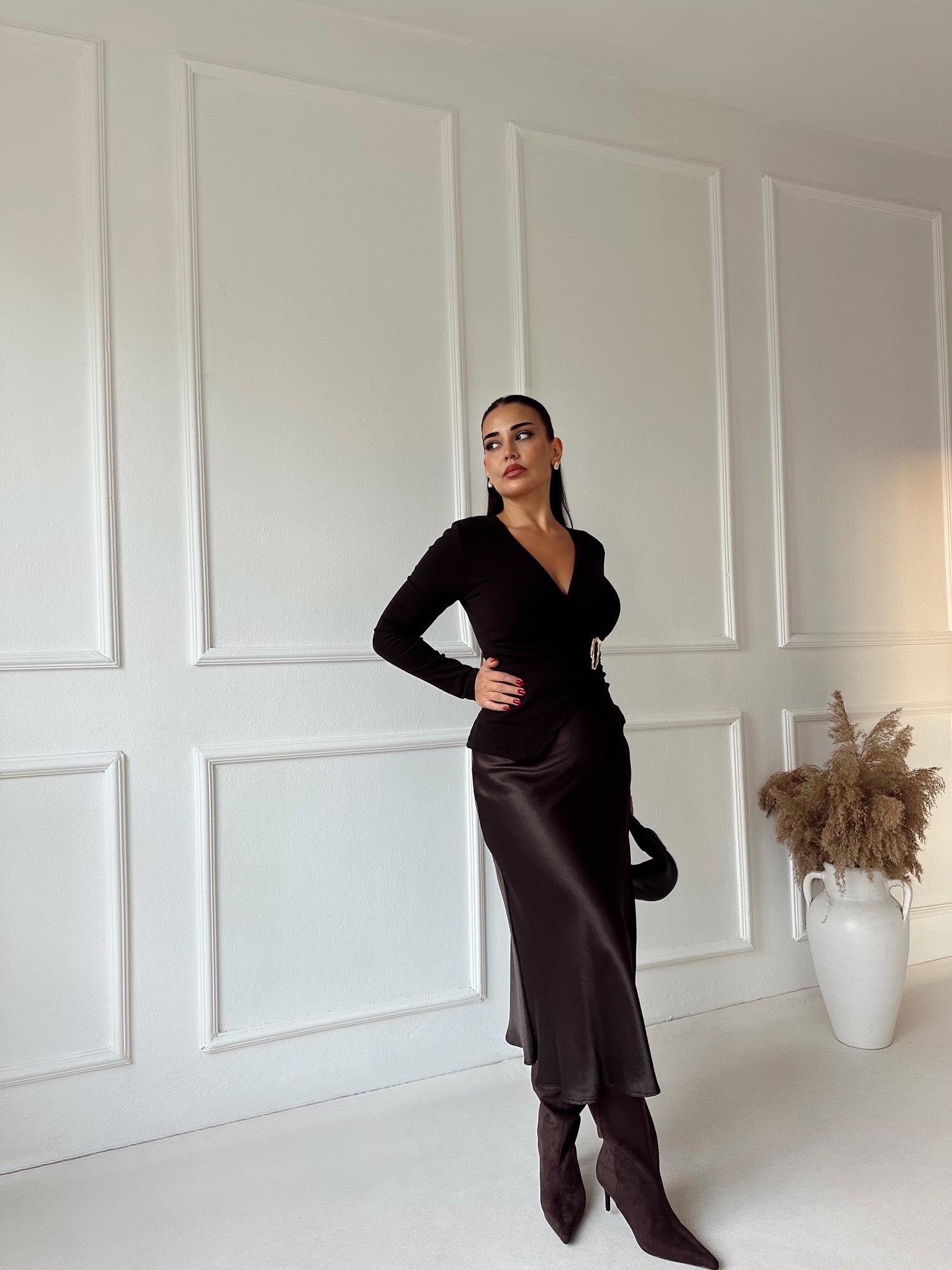 Lüks Kalite Acı Kahve Midi Saten Etek | Nora Butik