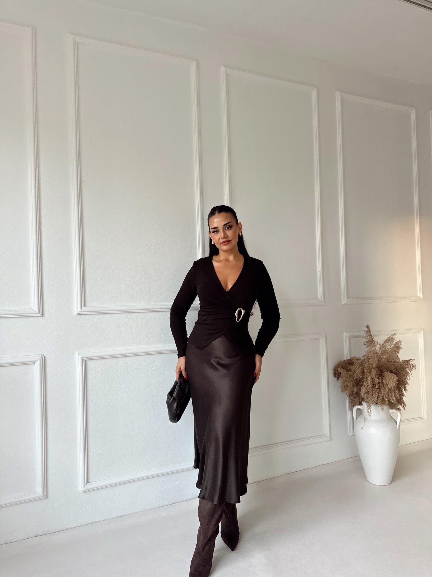 Lüks Kalite Acı Kahve Midi Saten Etek | Nora Butik