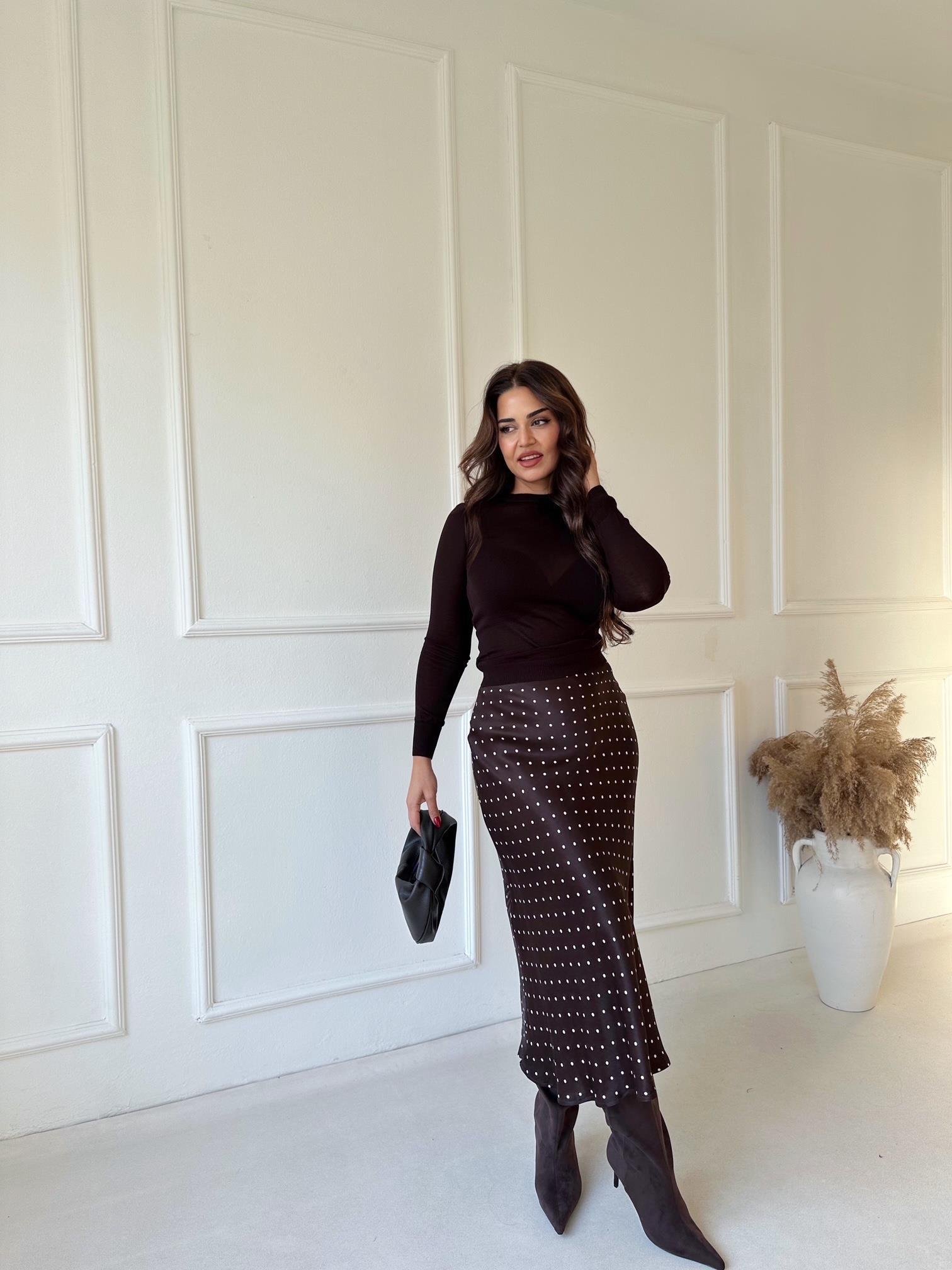 Lüks Kalite Acı Kahve Puantiyeli Midi Saten Etek | Nora Butik