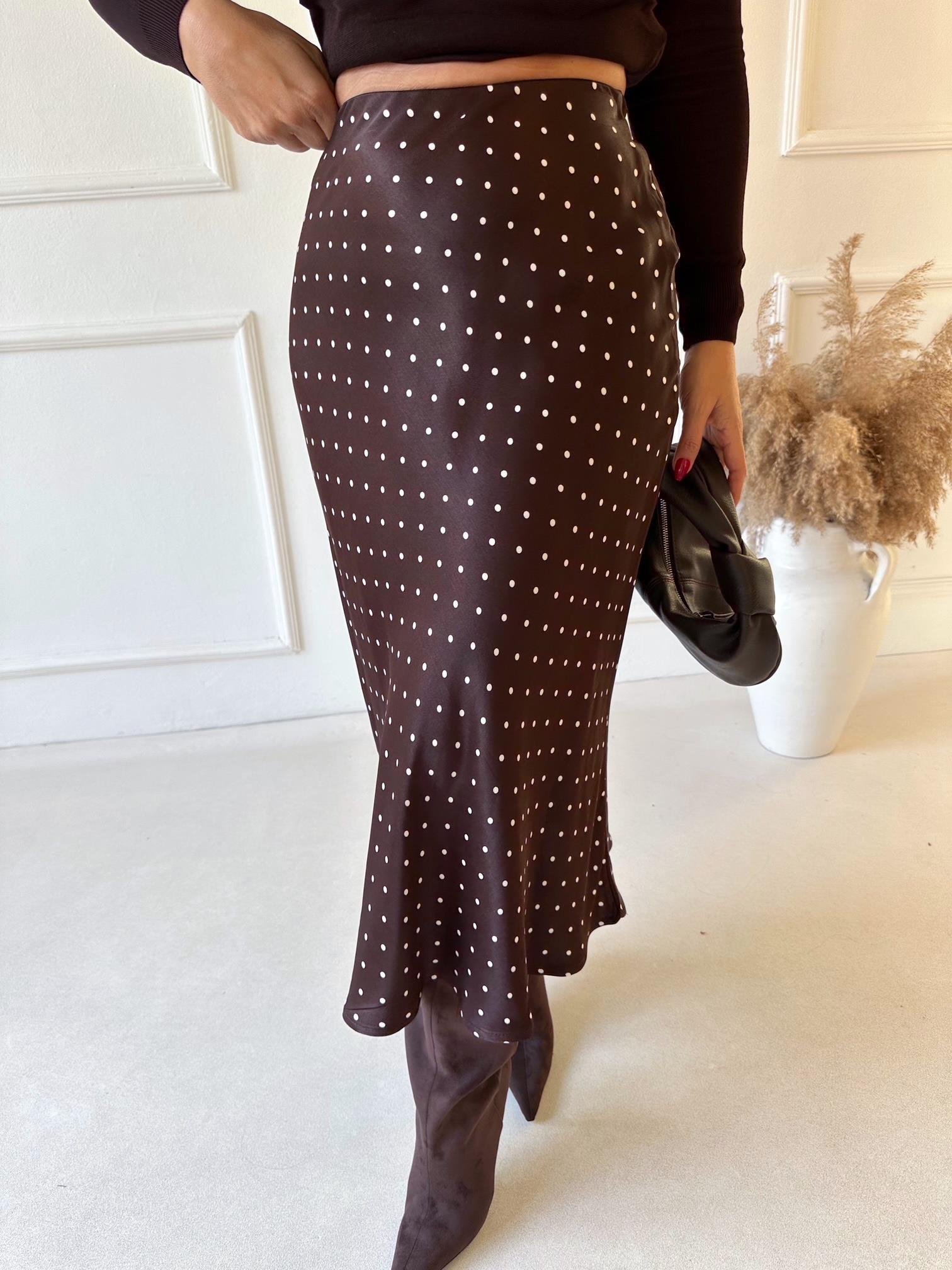 Lüks Kalite Acı Kahve Puantiyeli Midi Saten Etek | Nora Butik