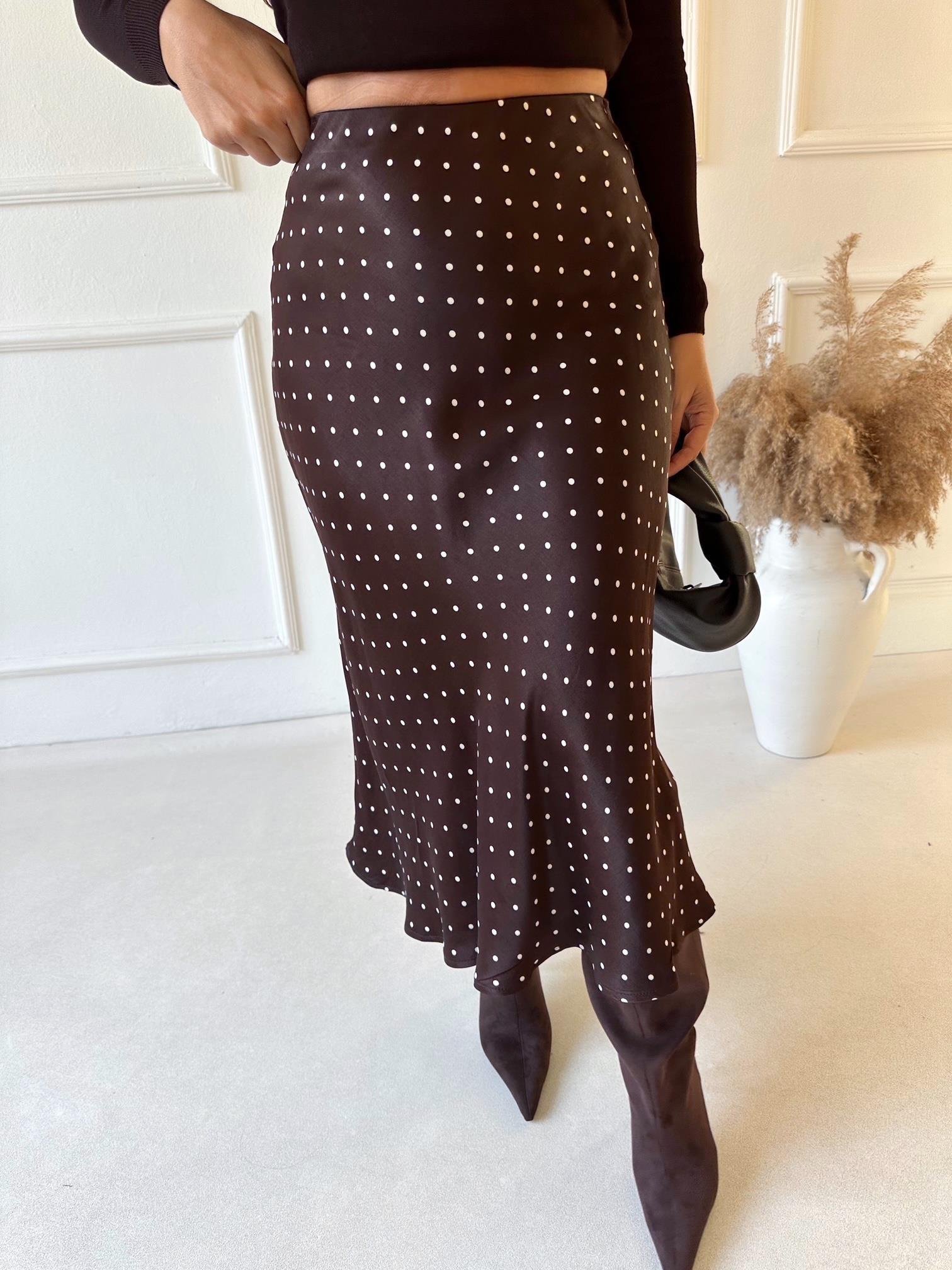 Lüks Kalite Acı Kahve Puantiyeli Midi Saten Etek | Nora Butik