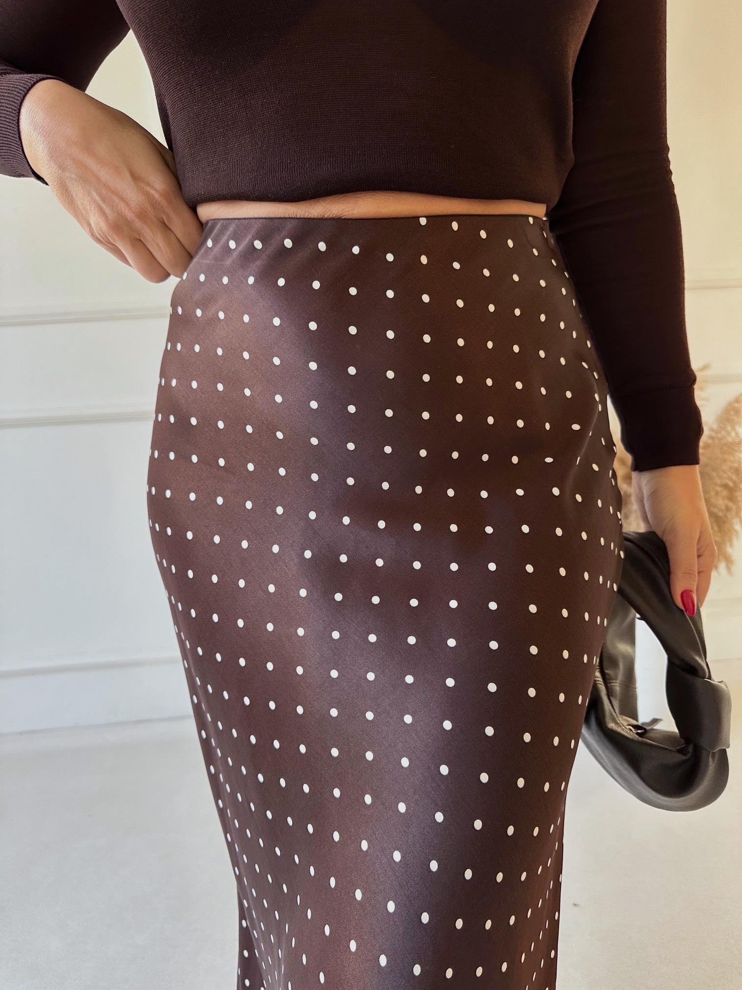 Lüks Kalite Acı Kahve Puantiyeli Midi Saten Etek | Nora Butik