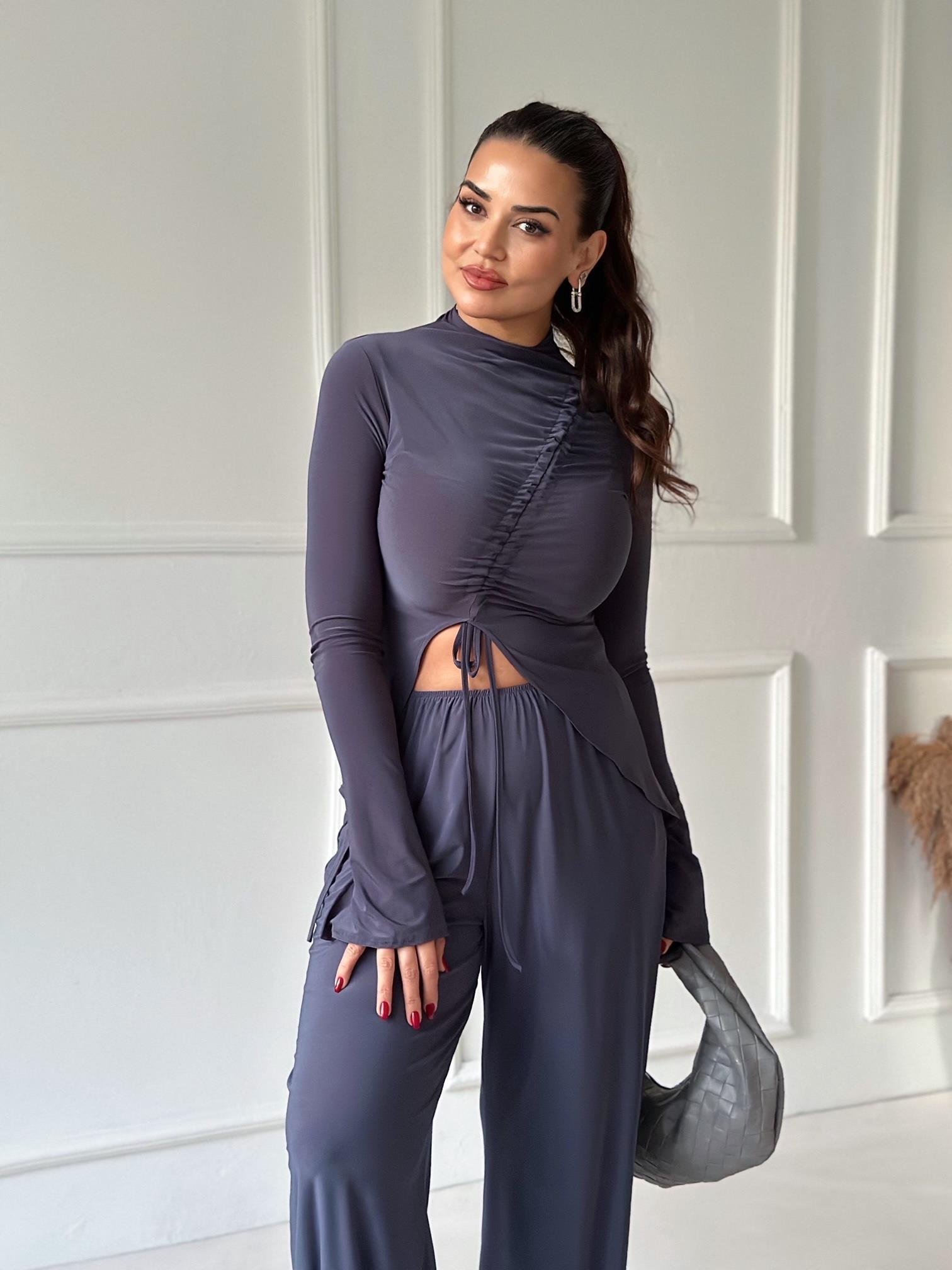 Lüks Kalite Antrasit Büzgülü Bluz Bol Paça Pantolon Takım