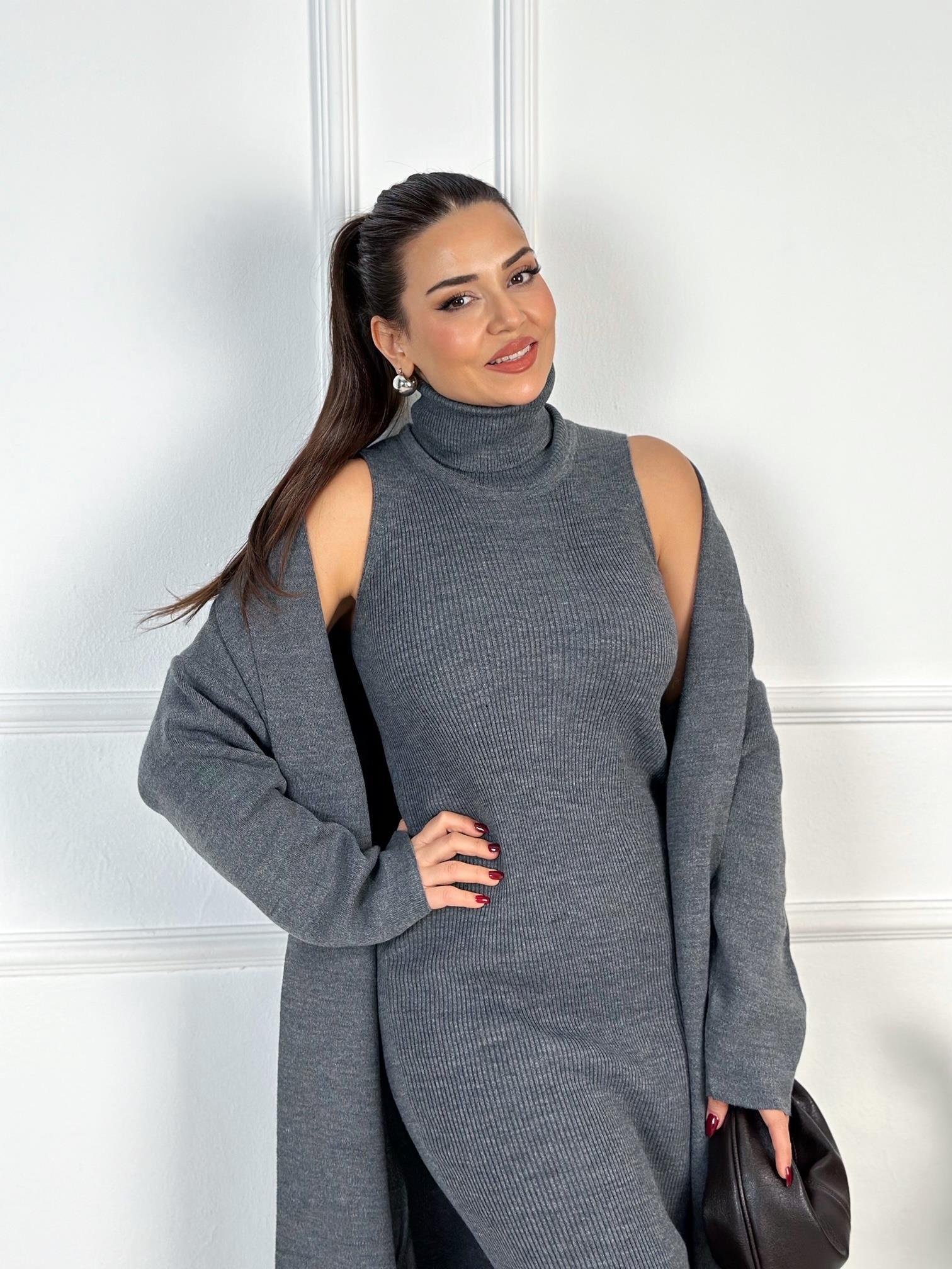 Lüks Kalite Antrasit Kolsuz Triko Elbise ve Hırka Takım