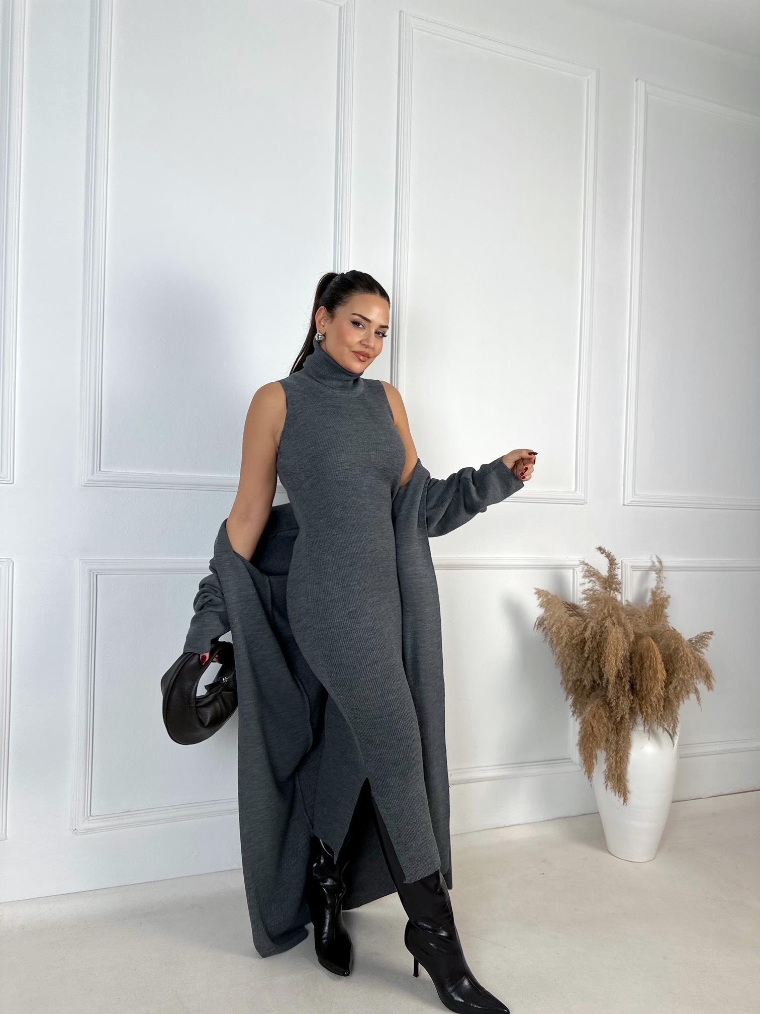 Lüks Kalite Antrasit Kolsuz Triko Elbise ve Hırka Takım