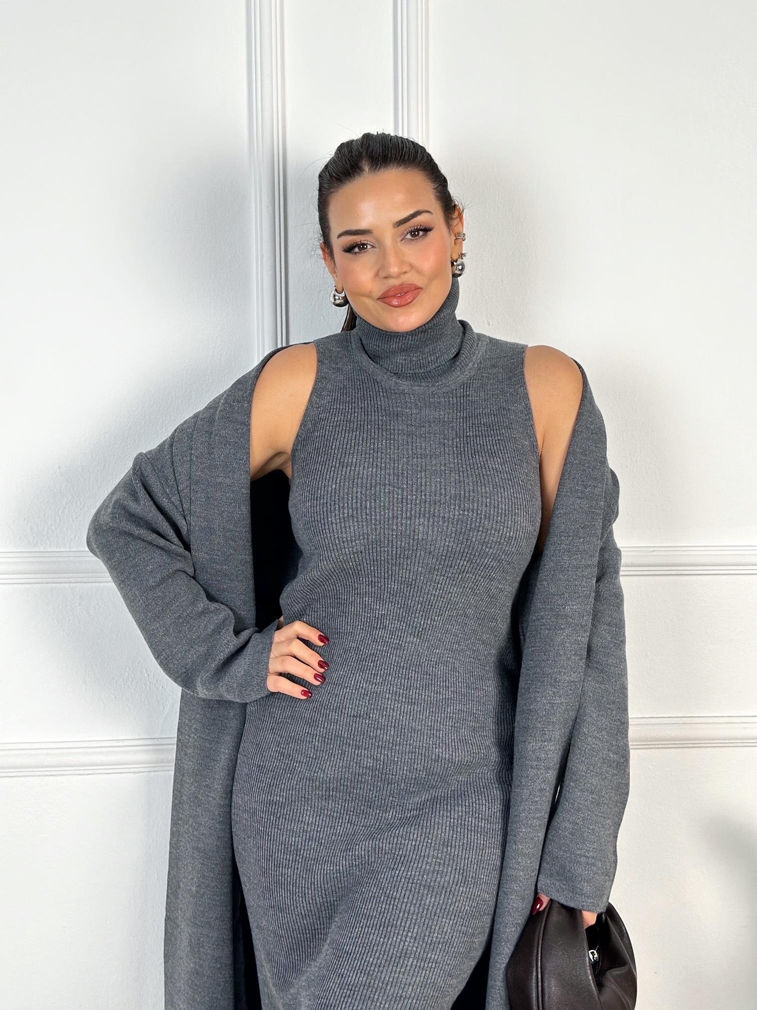 Lüks Kalite Antrasit Kolsuz Triko Elbise ve Hırka Takım