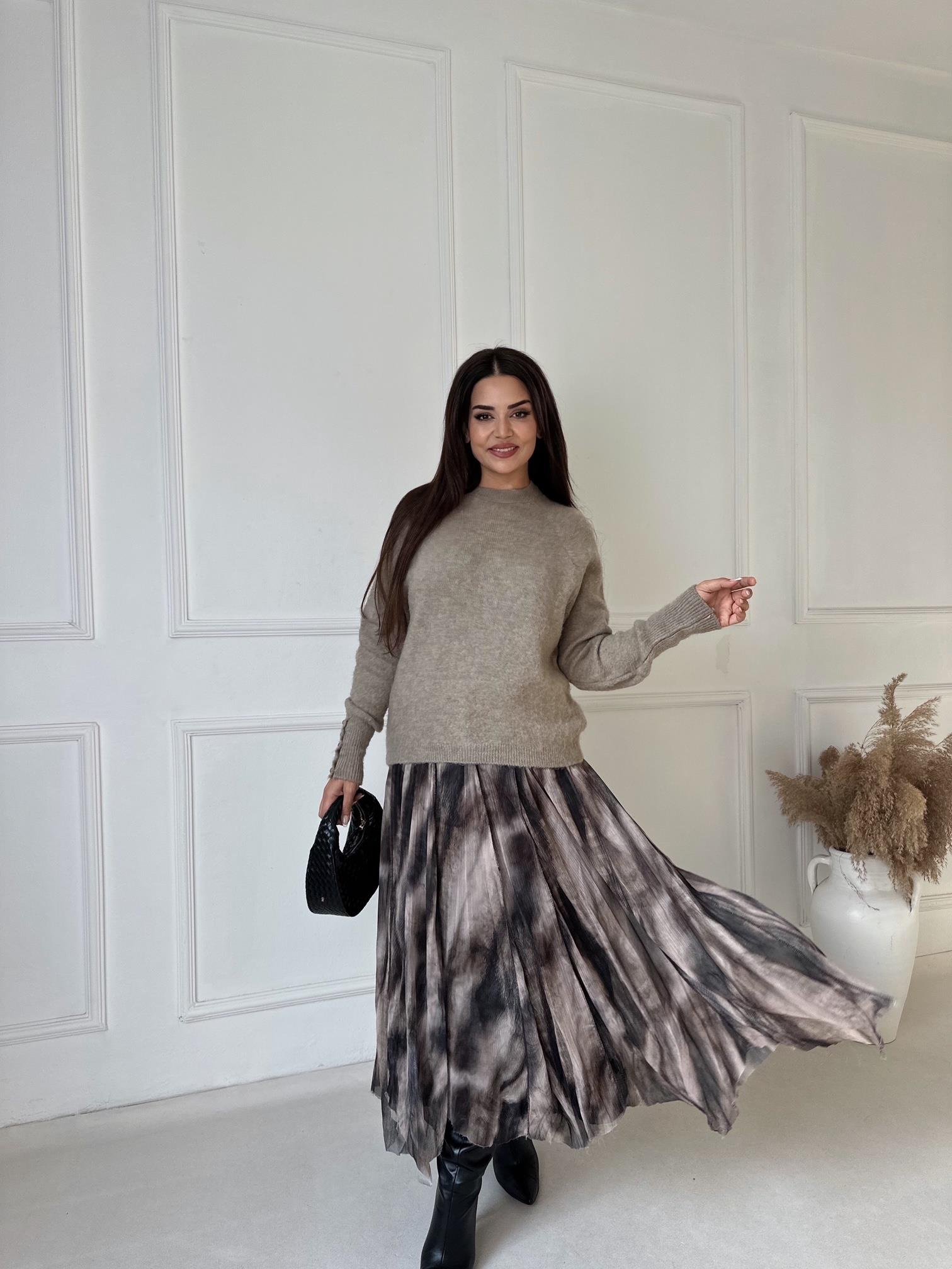 Lüks Kalite Beli Lastikli Desenli Asimetrik Maksi Şifon Etek 