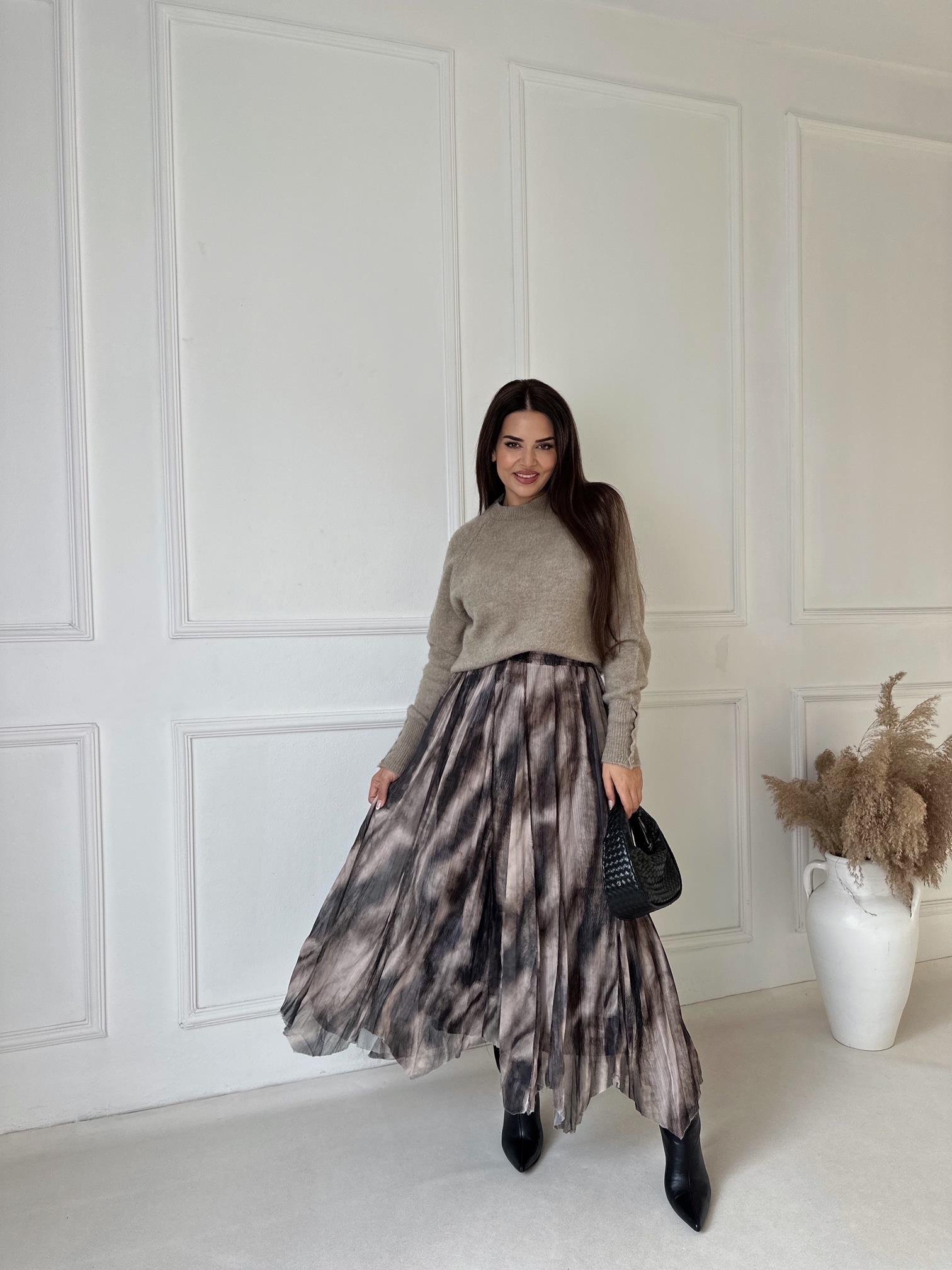 Lüks Kalite Beli Lastikli Desenli Asimetrik Maksi Şifon Etek 