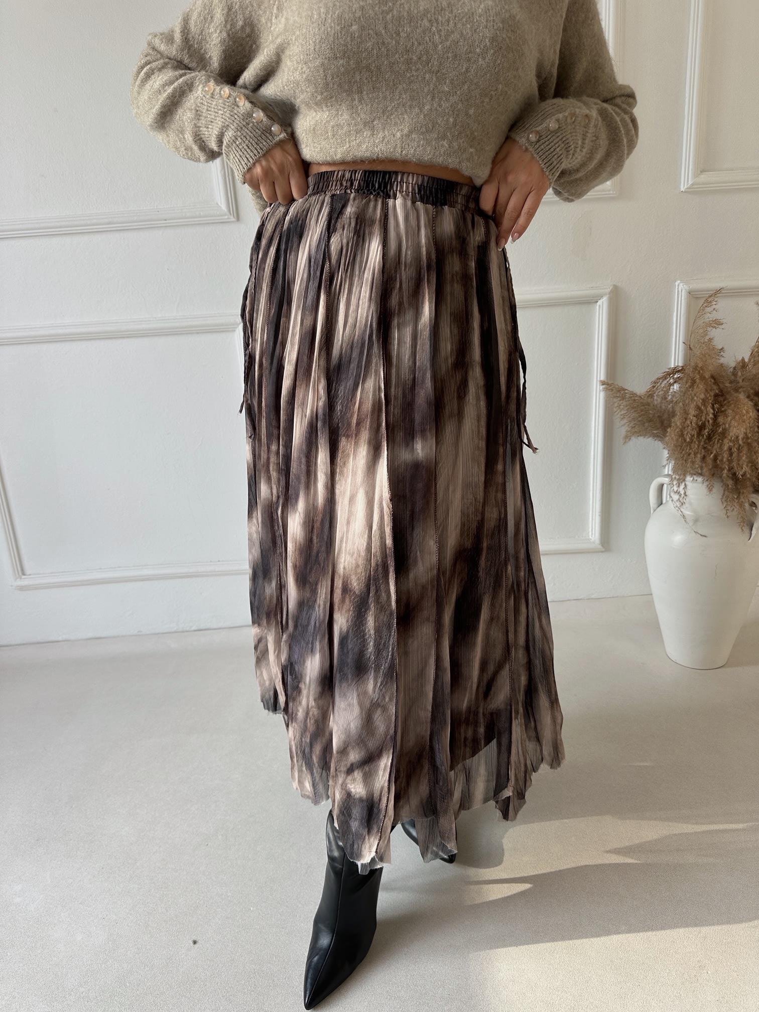 Lüks Kalite Beli Lastikli Desenli Asimetrik Maksi Şifon Etek 