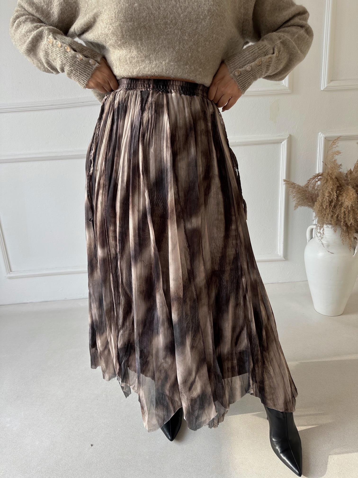 Lüks Kalite Beli Lastikli Desenli Asimetrik Maksi Şifon Etek 