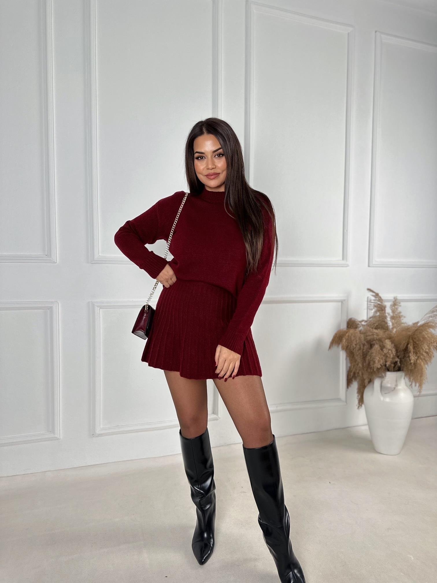 Lüks Kalite Bordo Kazak Pileli Etek Triko Takım