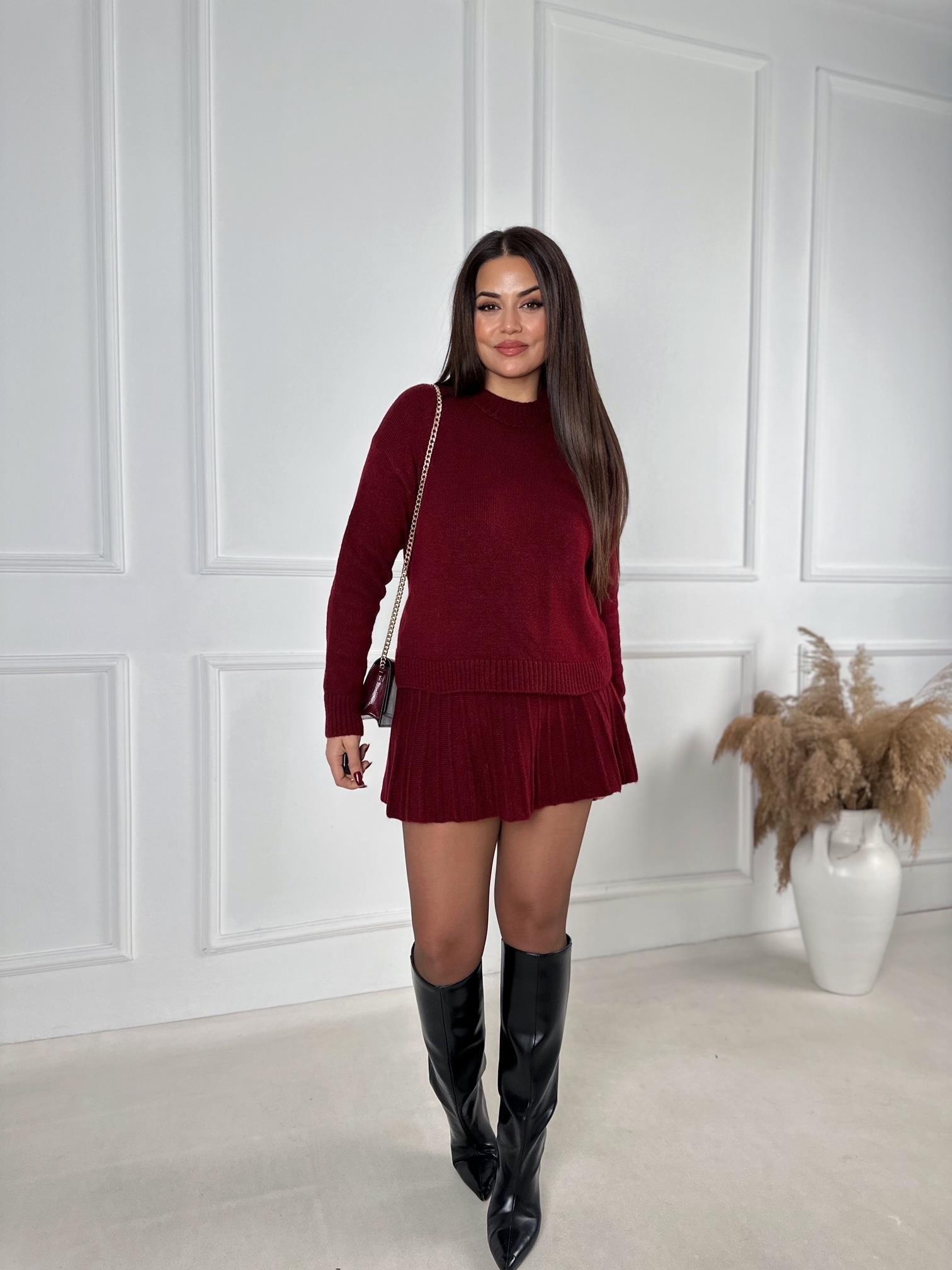 Lüks Kalite Bordo Kazak Pileli Etek Triko Takım